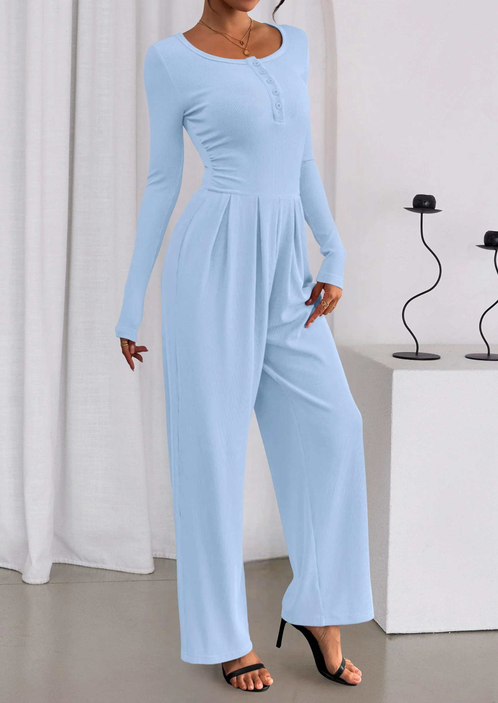 PRETTYGARDEN Jumpsuits for Women Dressy Casual Fall One Piece Outfits Long Sleeve Crew Neck Wide Leg Pants Rompers - Image 45