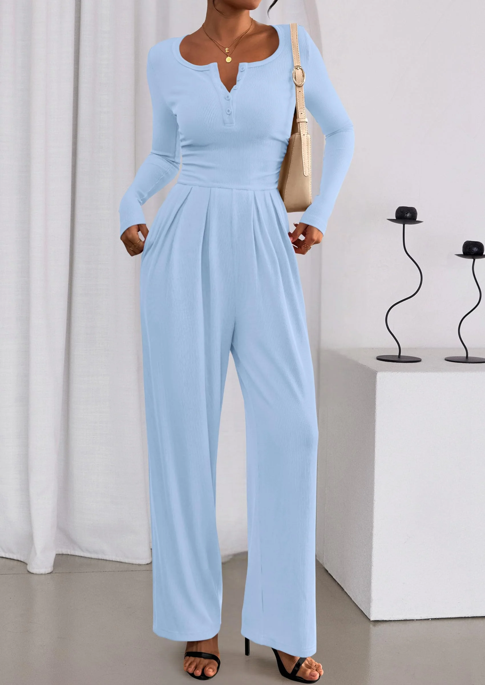 PRETTYGARDEN Jumpsuits for Women Dressy Casual Fall One Piece Outfits Long Sleeve Crew Neck Wide Leg Pants Rompers - Image 48