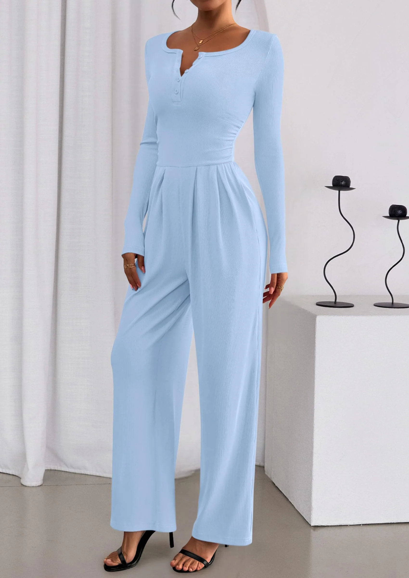 PRETTYGARDEN Jumpsuits for Women Dressy Casual Fall One Piece Outfits Long Sleeve Crew Neck Wide Leg Pants Rompers - Image 49