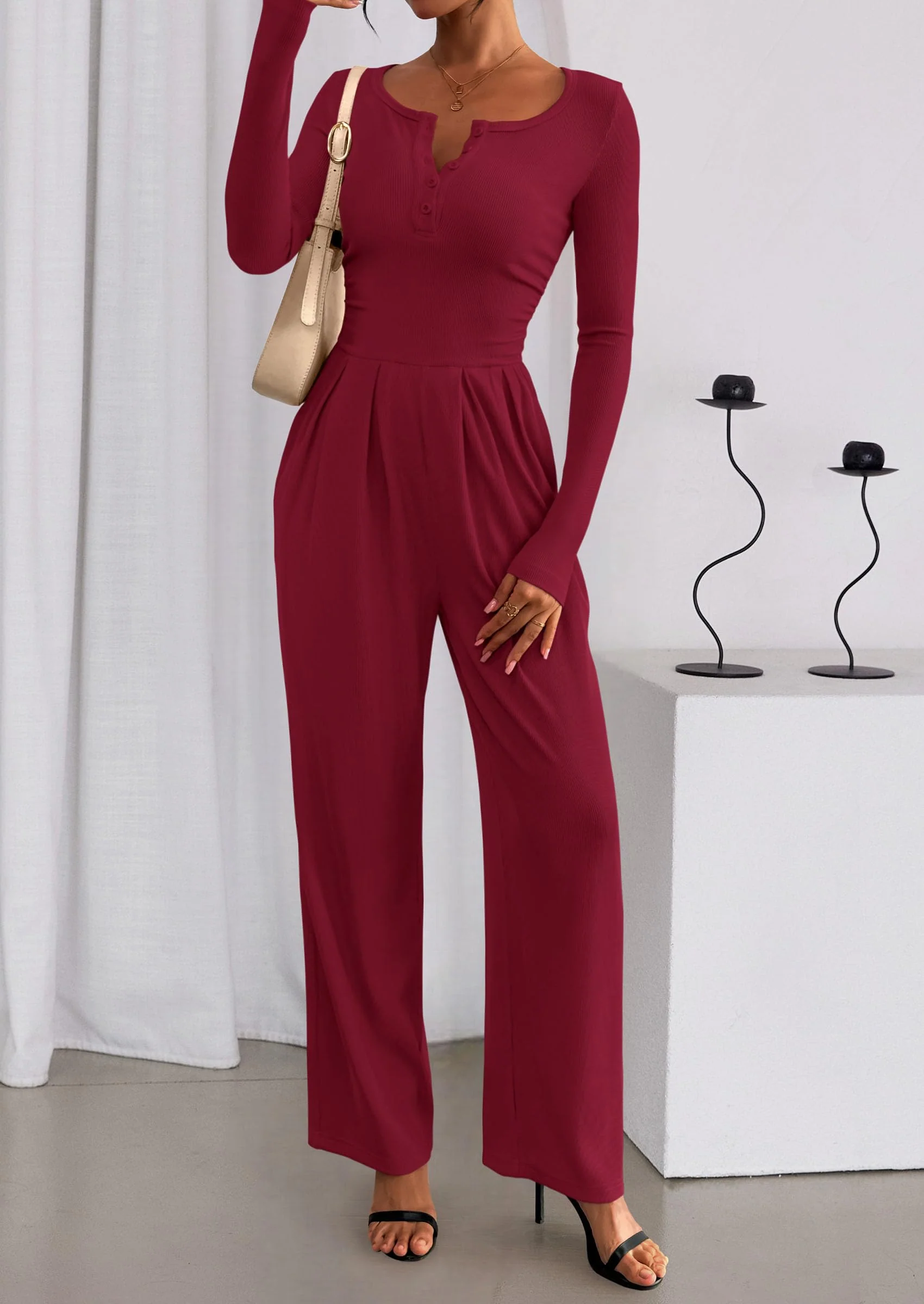 PRETTYGARDEN Jumpsuits for Women Dressy Casual Fall One Piece Outfits Long Sleeve Crew Neck Wide Leg Pants Rompers - Image 5