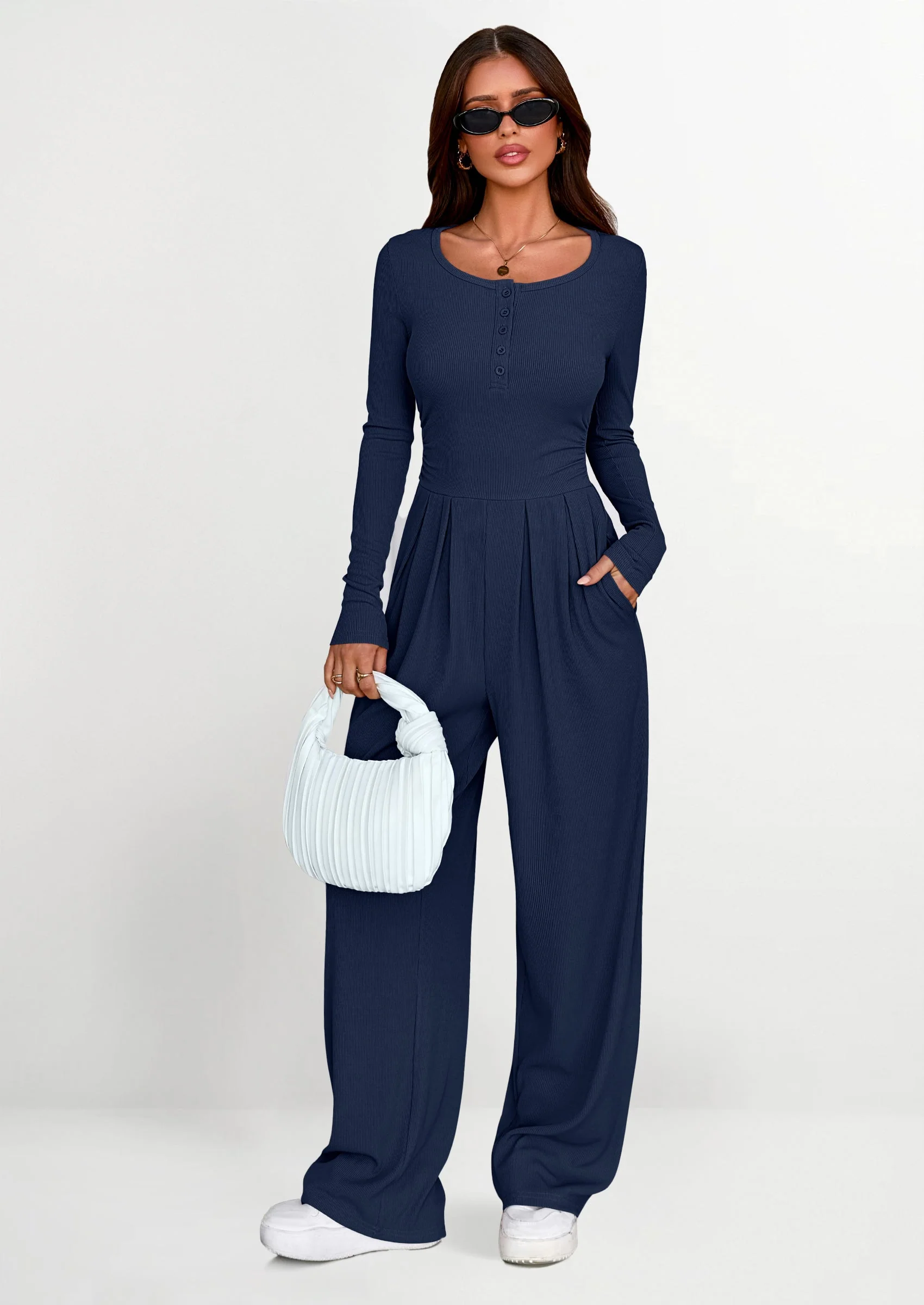 PRETTYGARDEN Jumpsuits for Women Dressy Casual Fall One Piece Outfits Long Sleeve Crew Neck Wide Leg Pants Rompers - Image 50