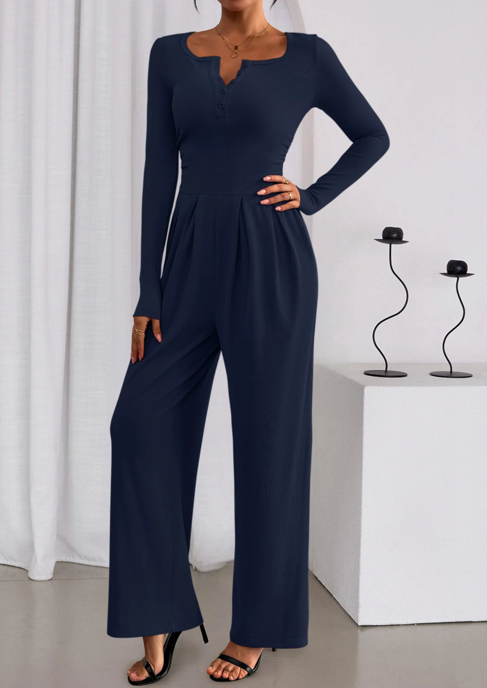 PRETTYGARDEN Jumpsuits for Women Dressy Casual Fall One Piece Outfits Long Sleeve Crew Neck Wide Leg Pants Rompers - Image 52