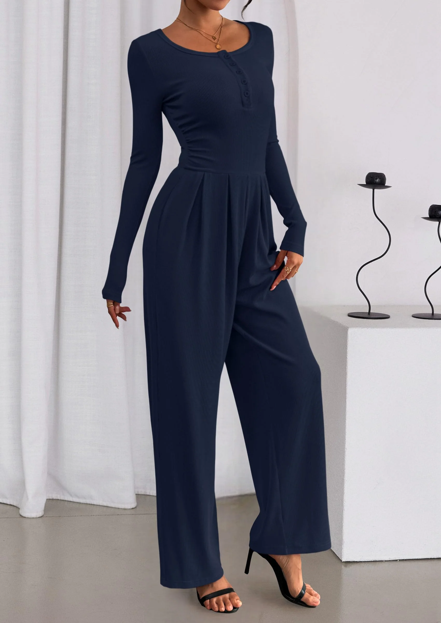 PRETTYGARDEN Jumpsuits for Women Dressy Casual Fall One Piece Outfits Long Sleeve Crew Neck Wide Leg Pants Rompers - Image 53