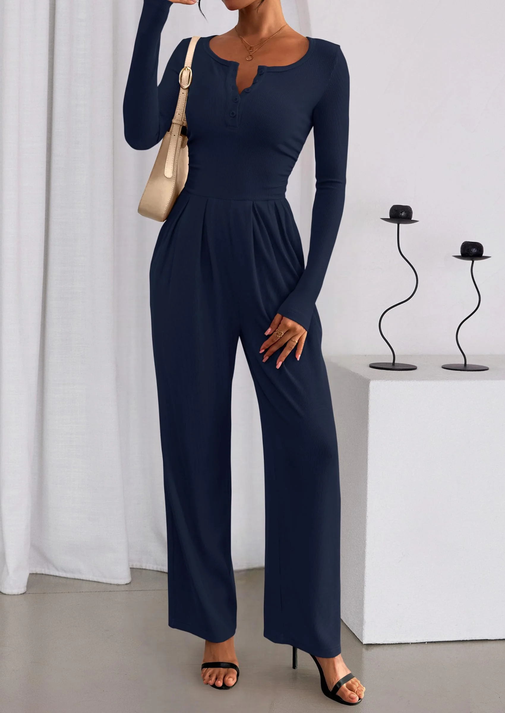 PRETTYGARDEN Jumpsuits for Women Dressy Casual Fall One Piece Outfits Long Sleeve Crew Neck Wide Leg Pants Rompers - Image 54