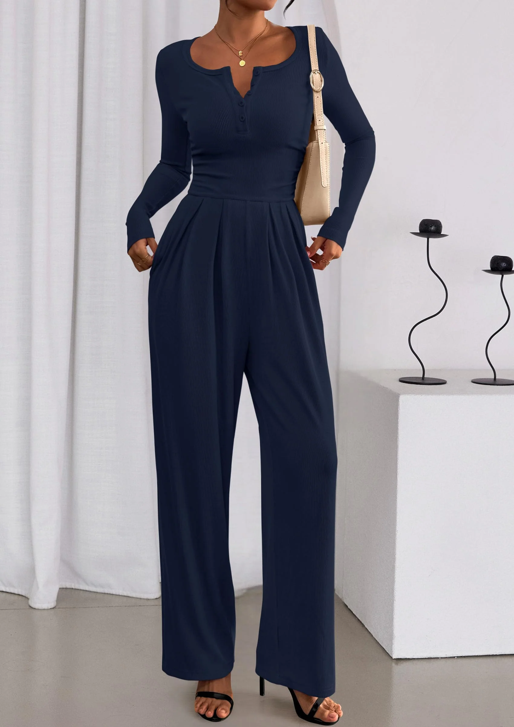 PRETTYGARDEN Jumpsuits for Women Dressy Casual Fall One Piece Outfits Long Sleeve Crew Neck Wide Leg Pants Rompers - Image 56