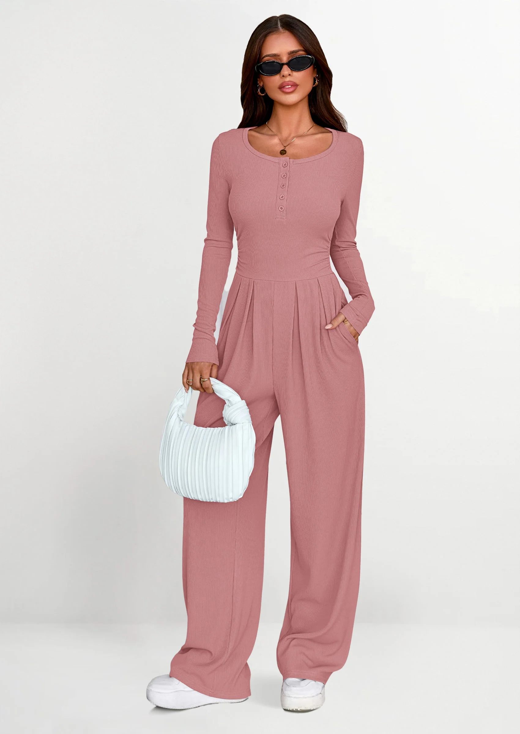 PRETTYGARDEN Jumpsuits for Women Dressy Casual Fall One Piece Outfits Long Sleeve Crew Neck Wide Leg Pants Rompers - Image 58