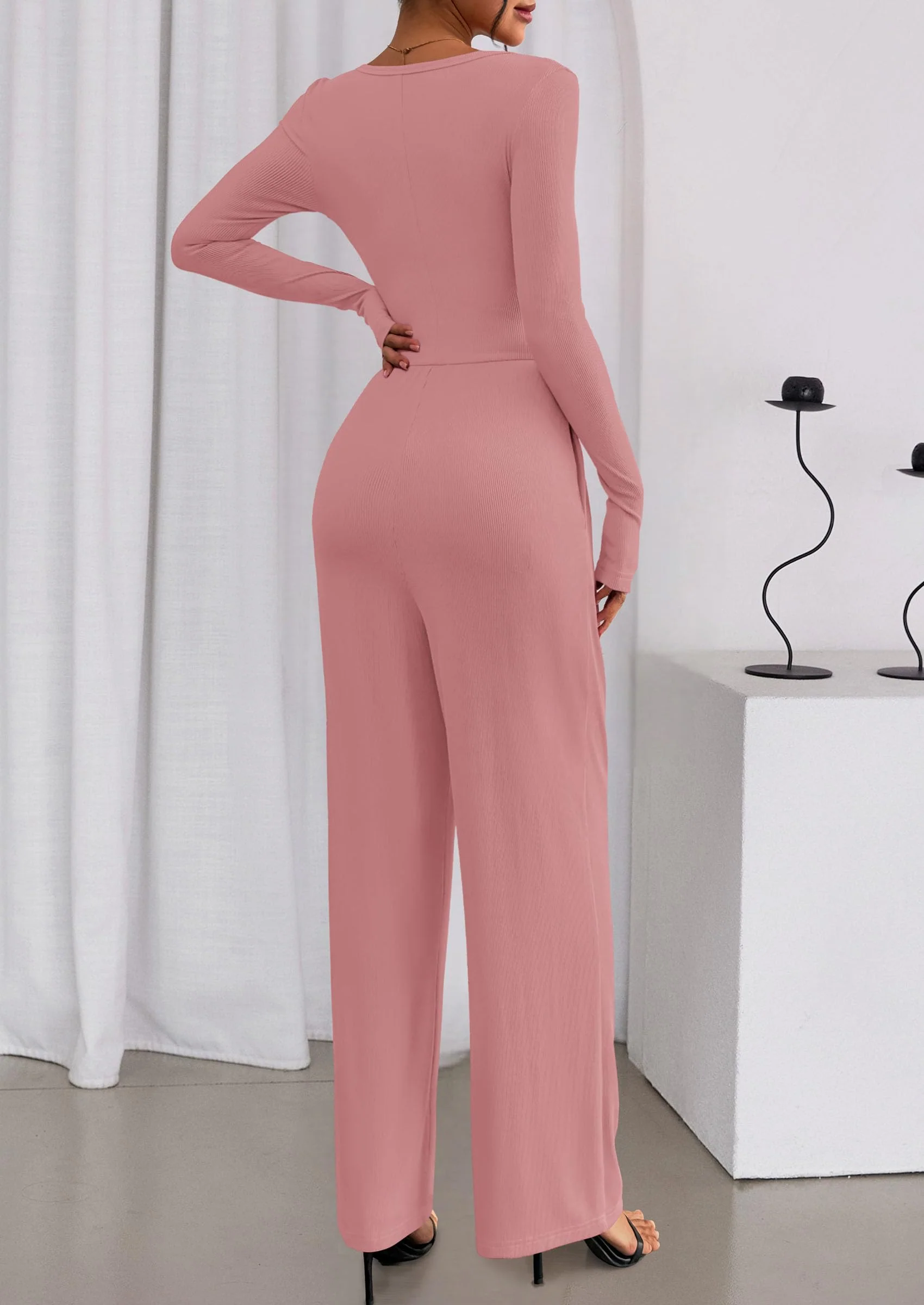 PRETTYGARDEN Jumpsuits for Women Dressy Casual Fall One Piece Outfits Long Sleeve Crew Neck Wide Leg Pants Rompers - Image 59