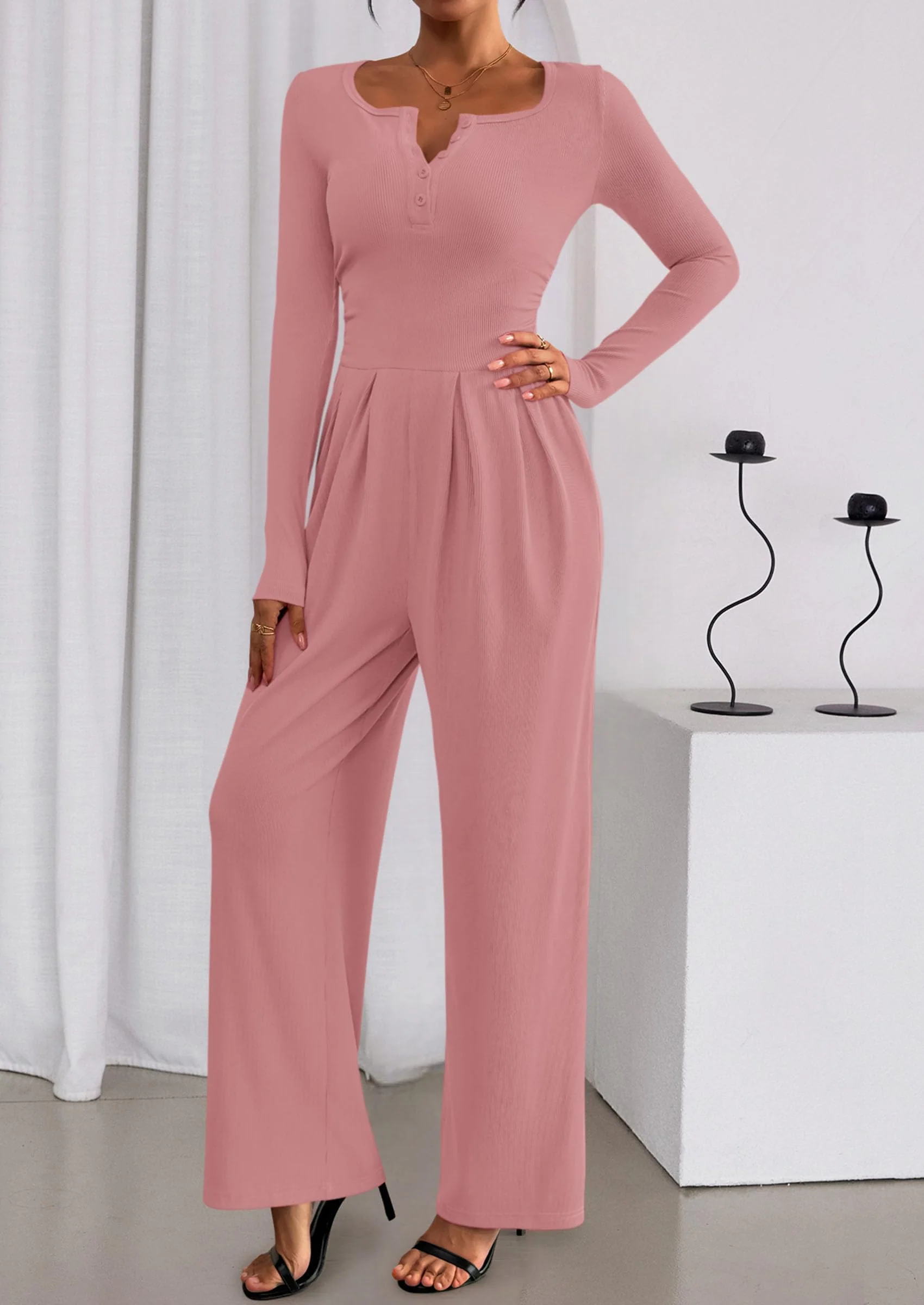 PRETTYGARDEN Jumpsuits for Women Dressy Casual Fall One Piece Outfits Long Sleeve Crew Neck Wide Leg Pants Rompers - Image 60