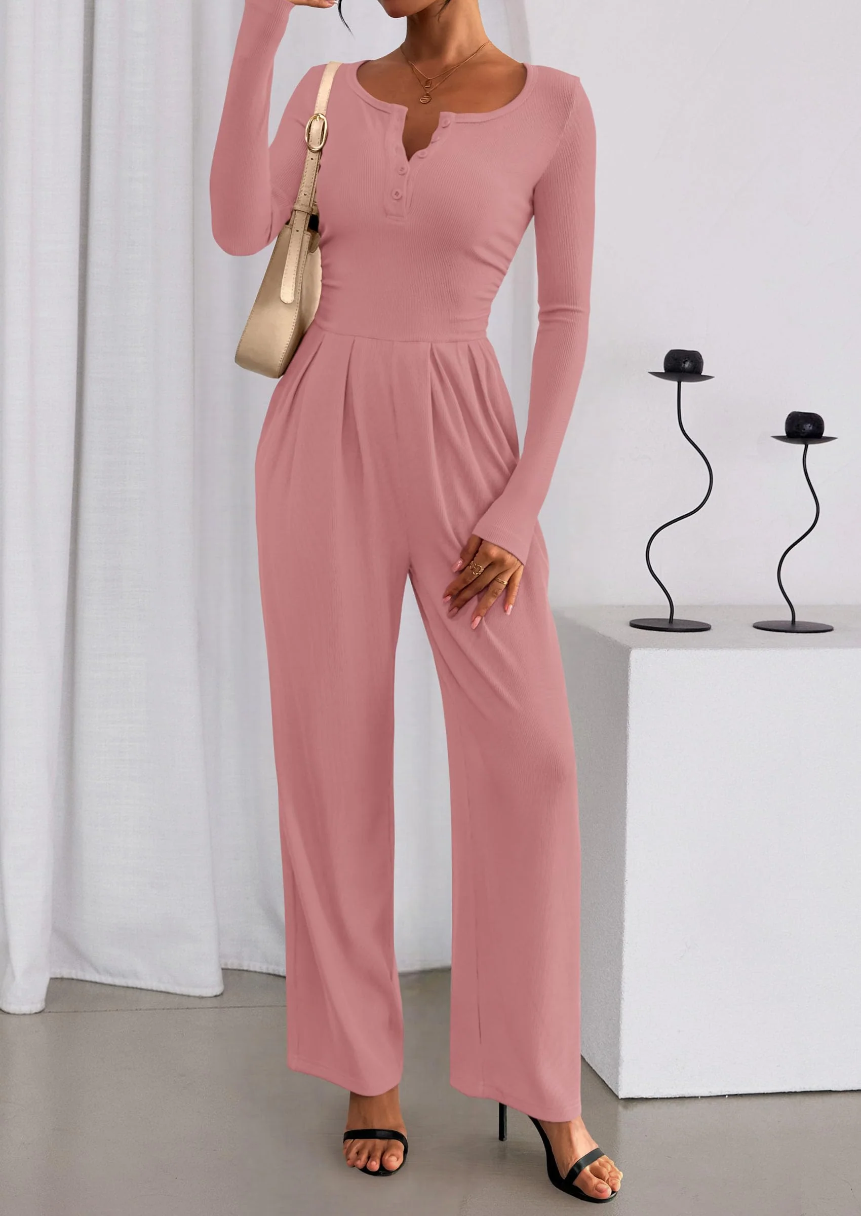 PRETTYGARDEN Jumpsuits for Women Dressy Casual Fall One Piece Outfits Long Sleeve Crew Neck Wide Leg Pants Rompers - Image 62