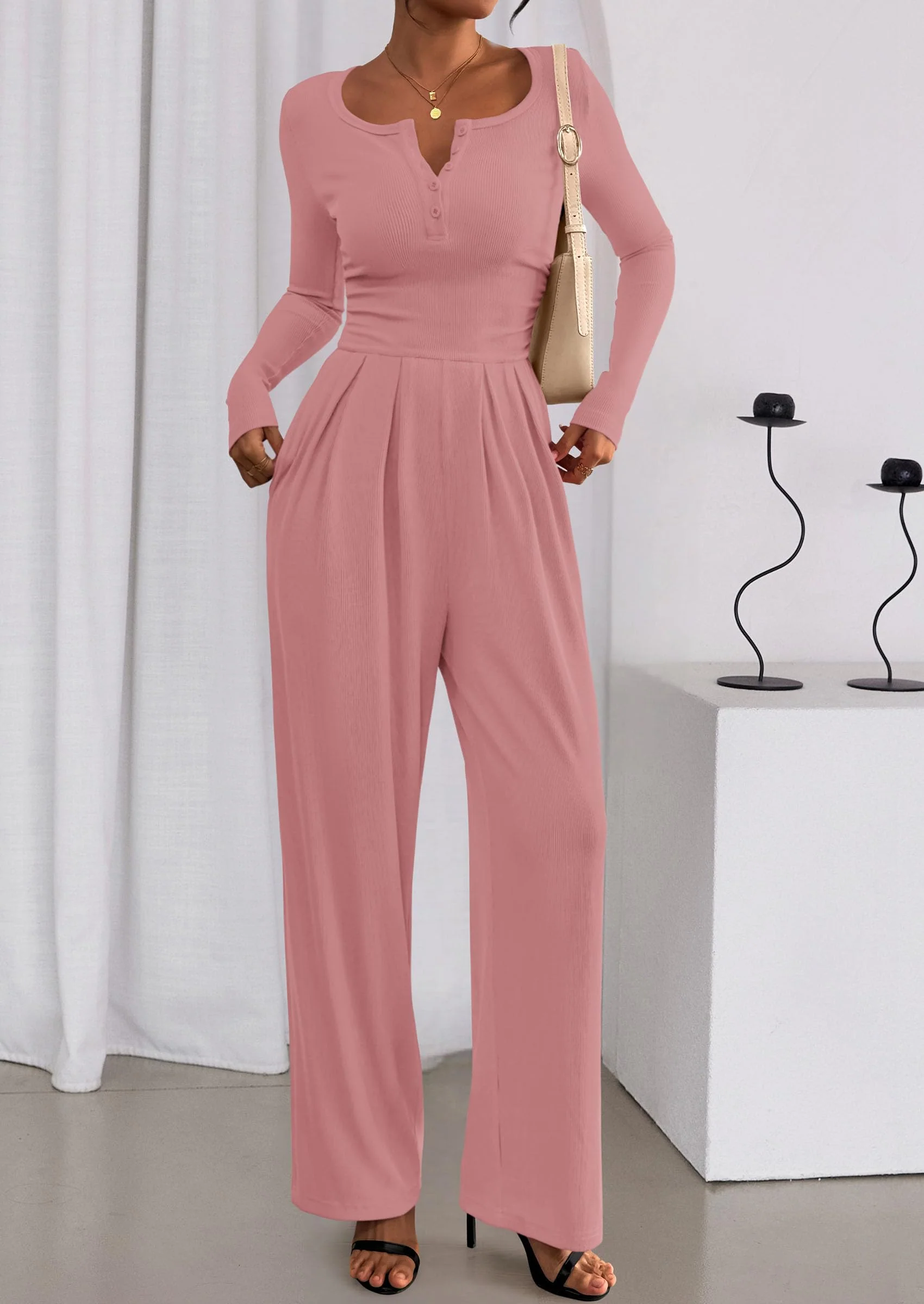 PRETTYGARDEN Jumpsuits for Women Dressy Casual Fall One Piece Outfits Long Sleeve Crew Neck Wide Leg Pants Rompers - Image 64