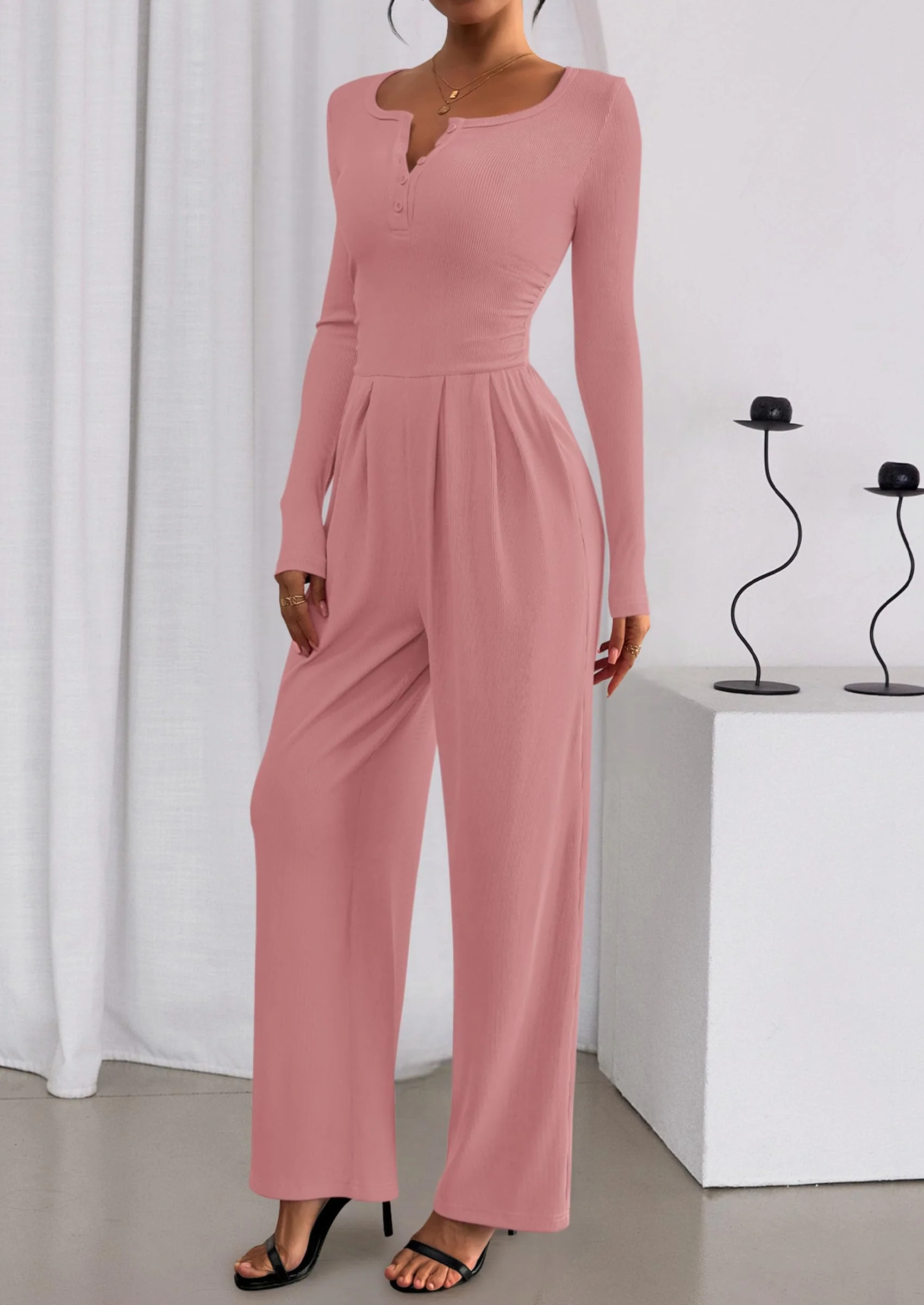 PRETTYGARDEN Jumpsuits for Women Dressy Casual Fall One Piece Outfits Long Sleeve Crew Neck Wide Leg Pants Rompers - Image 65