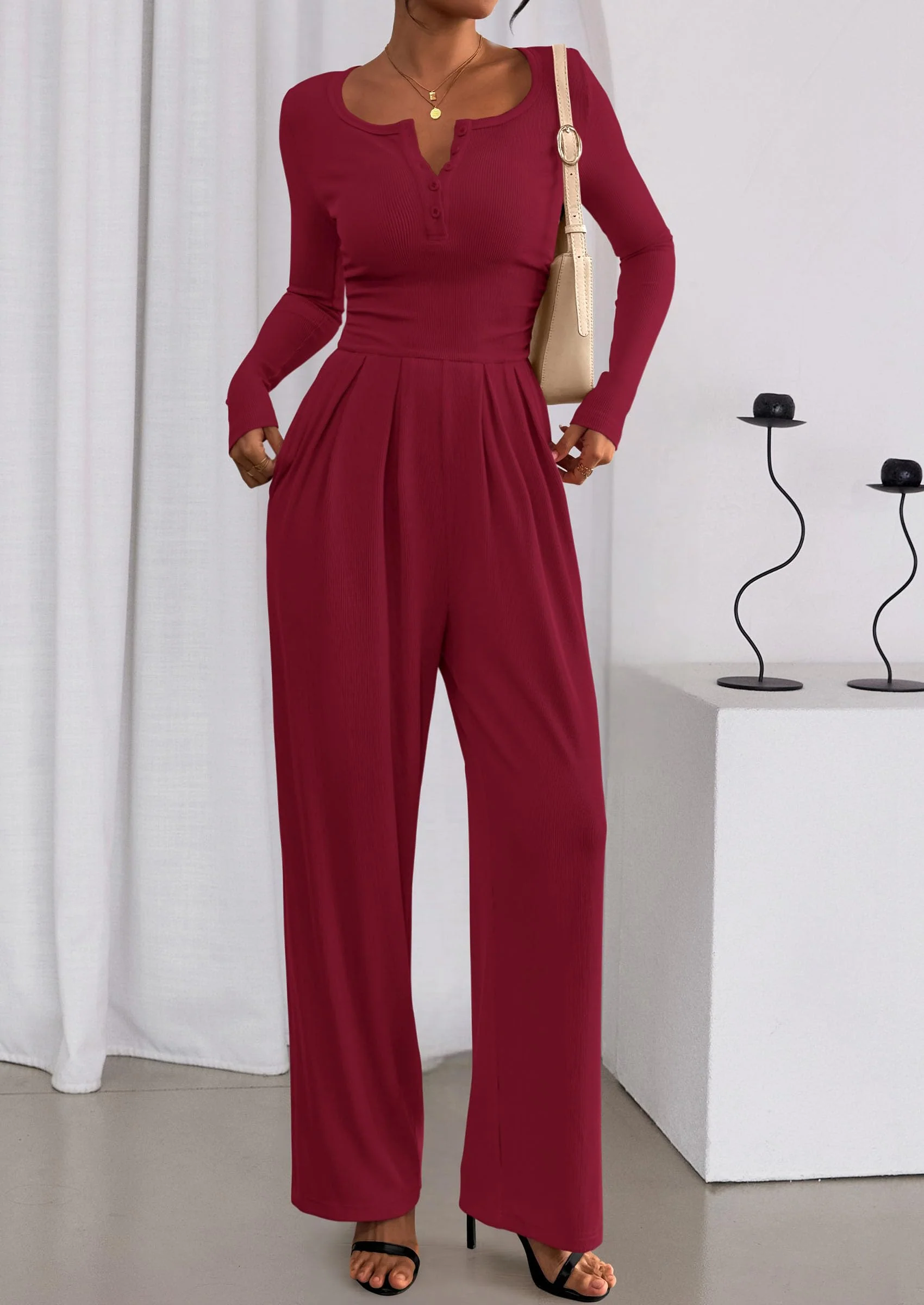 PRETTYGARDEN Jumpsuits for Women Dressy Casual Fall One Piece Outfits Long Sleeve Crew Neck Wide Leg Pants Rompers - Image 7