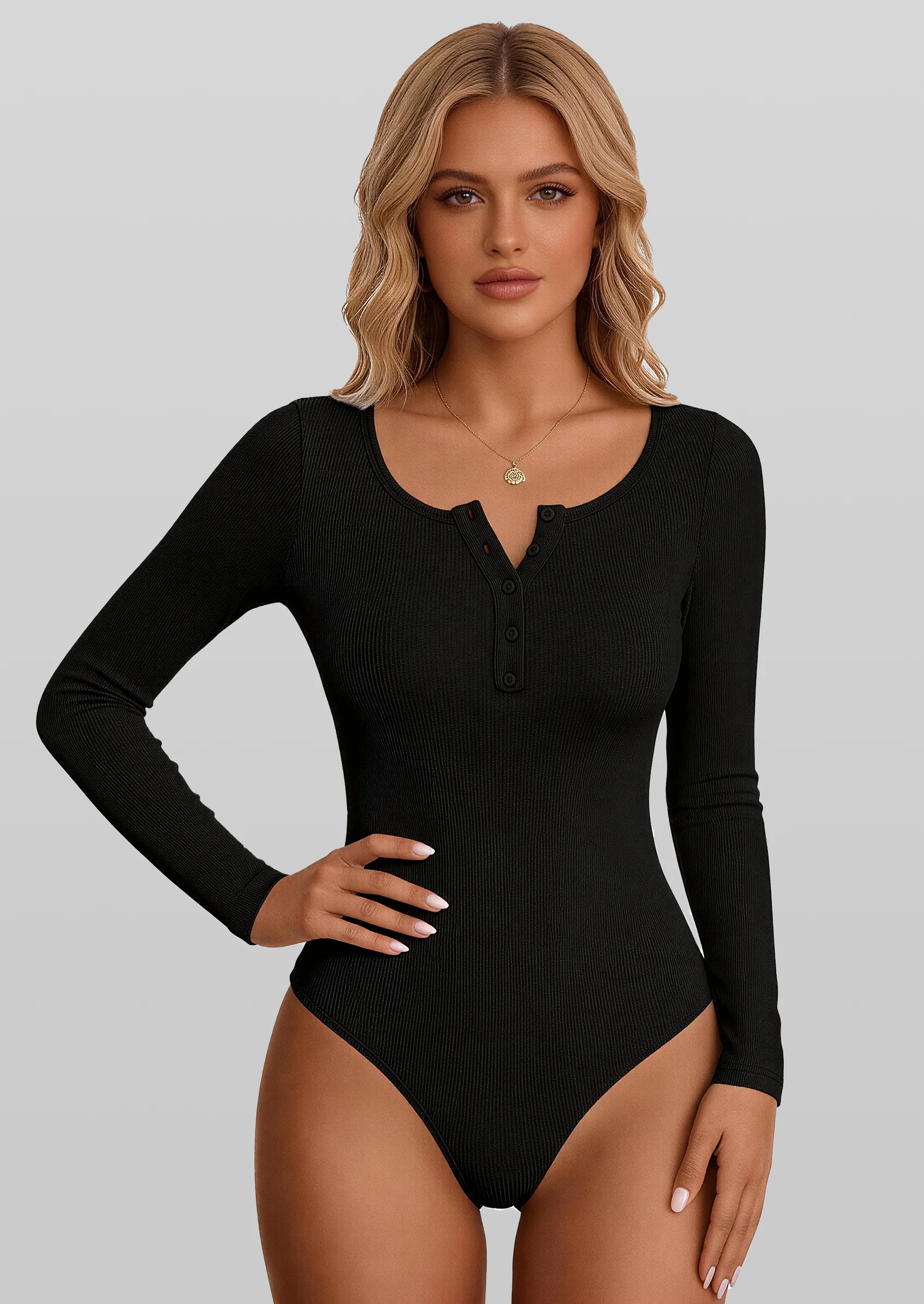 PRETTYGARDEN Long Sleeve Bodysuits for Women Ribbed Knit Henley Button Up Slim Fitted Basic Tops Winter Fashion Clothing - Image 14