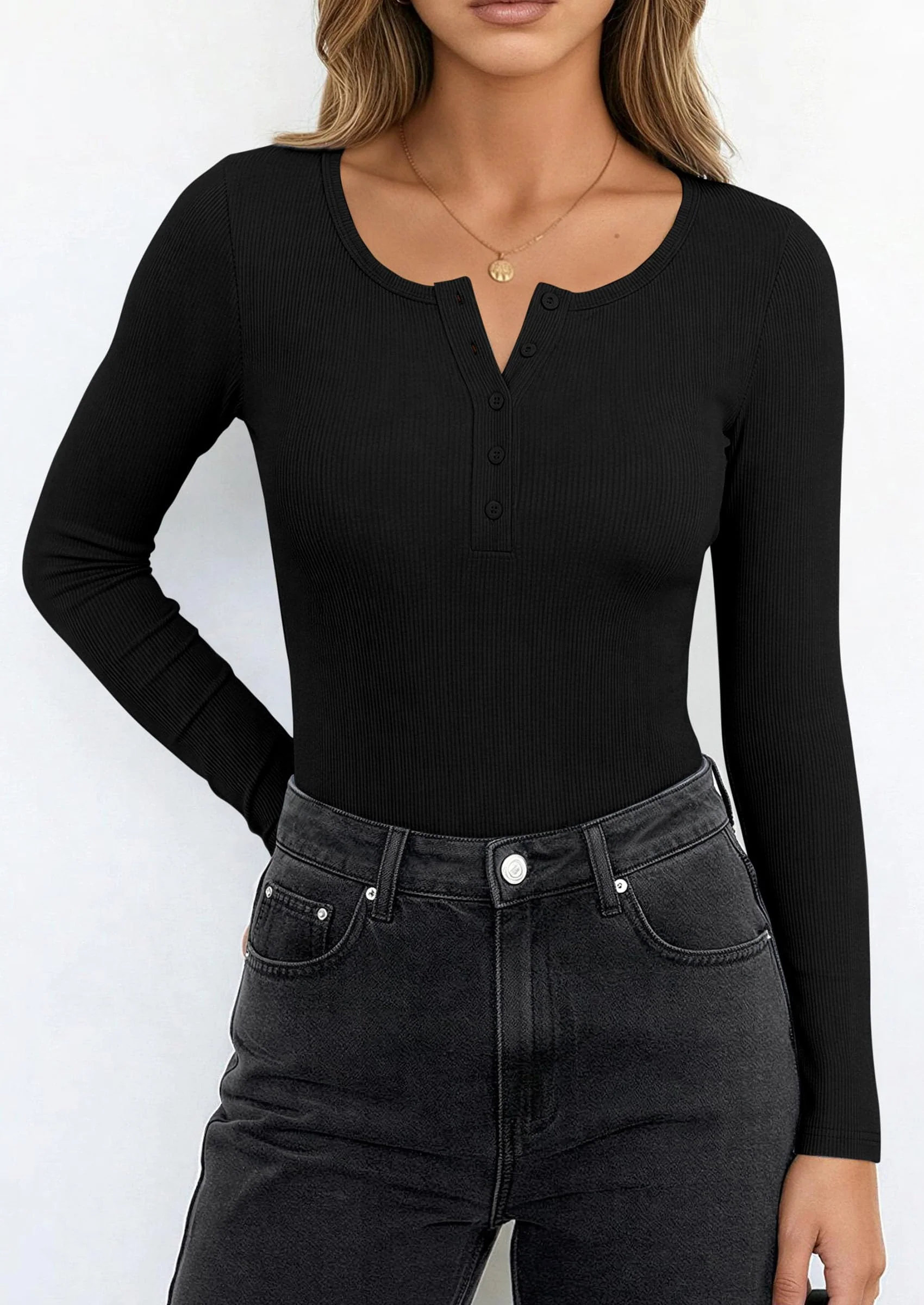 PRETTYGARDEN Long Sleeve Bodysuits for Women Ribbed Knit Henley Button Up Slim Fitted Basic Tops Winter Fashion Clothing - Image 18