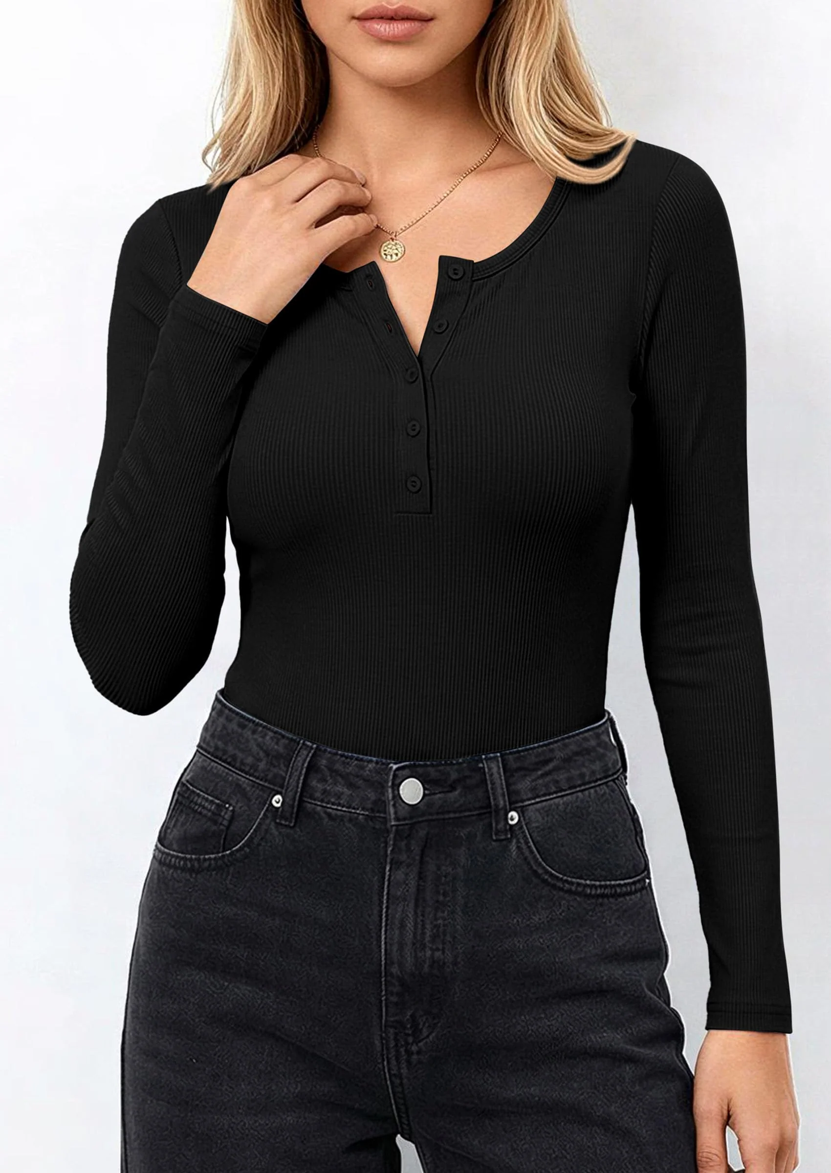 PRETTYGARDEN Long Sleeve Bodysuits for Women Ribbed Knit Henley Button Up Slim Fitted Basic Tops Winter Fashion Clothing - Image 19