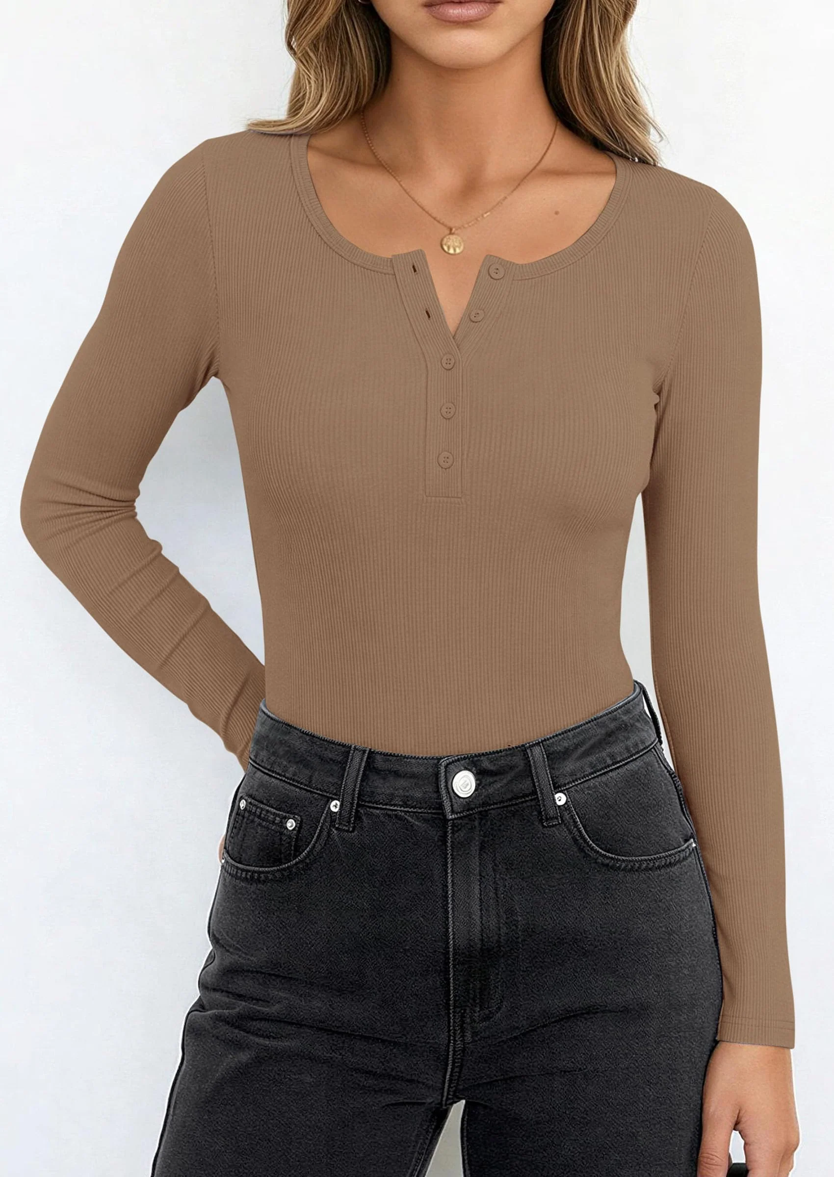 PRETTYGARDEN Long Sleeve Bodysuits for Women Ribbed Knit Henley Button Up Slim Fitted Basic Tops Winter Fashion Clothing - Image 24