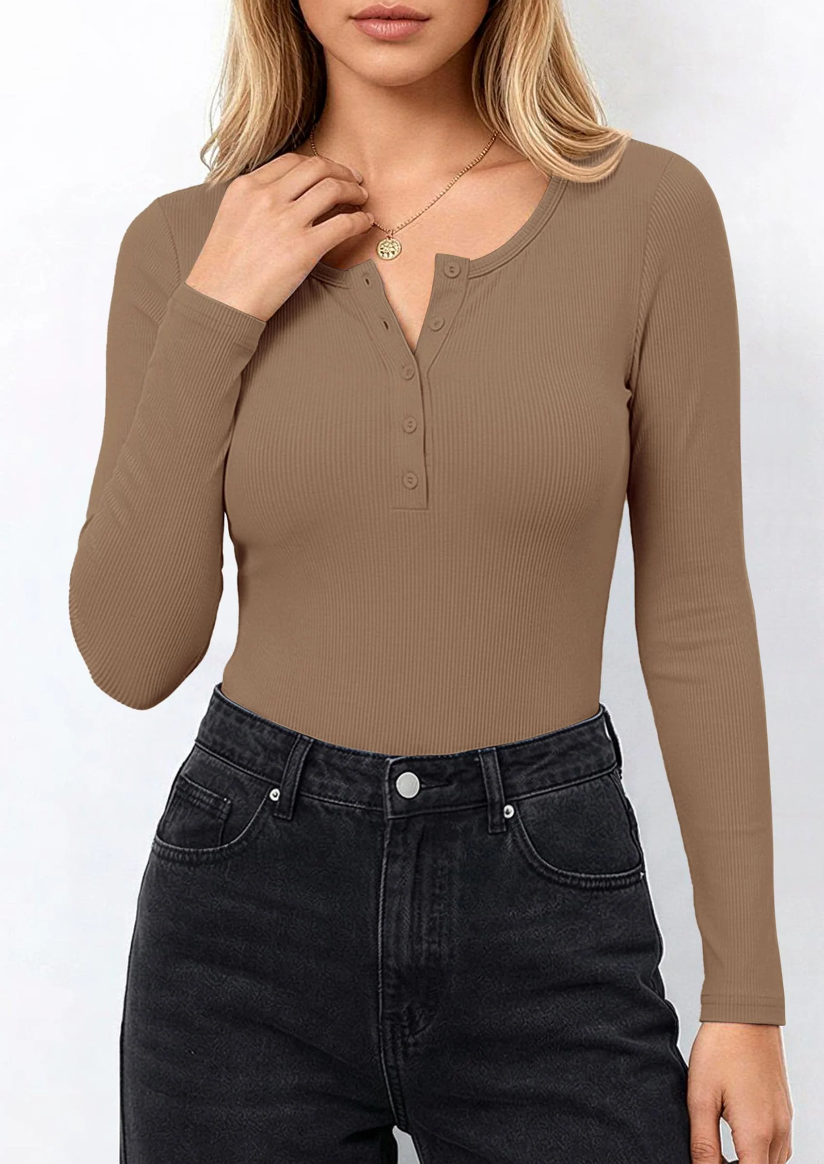 PRETTYGARDEN Long Sleeve Bodysuits for Women Ribbed Knit Henley Button Up Slim Fitted Basic Tops Winter Fashion Clothing - Image 25