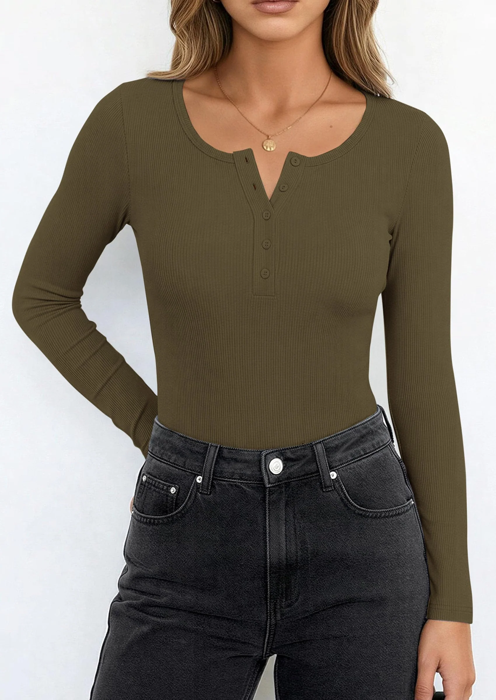 PRETTYGARDEN Long Sleeve Bodysuits for Women Ribbed Knit Henley Button Up Slim Fitted Basic Tops Winter Fashion Clothing - Image 5