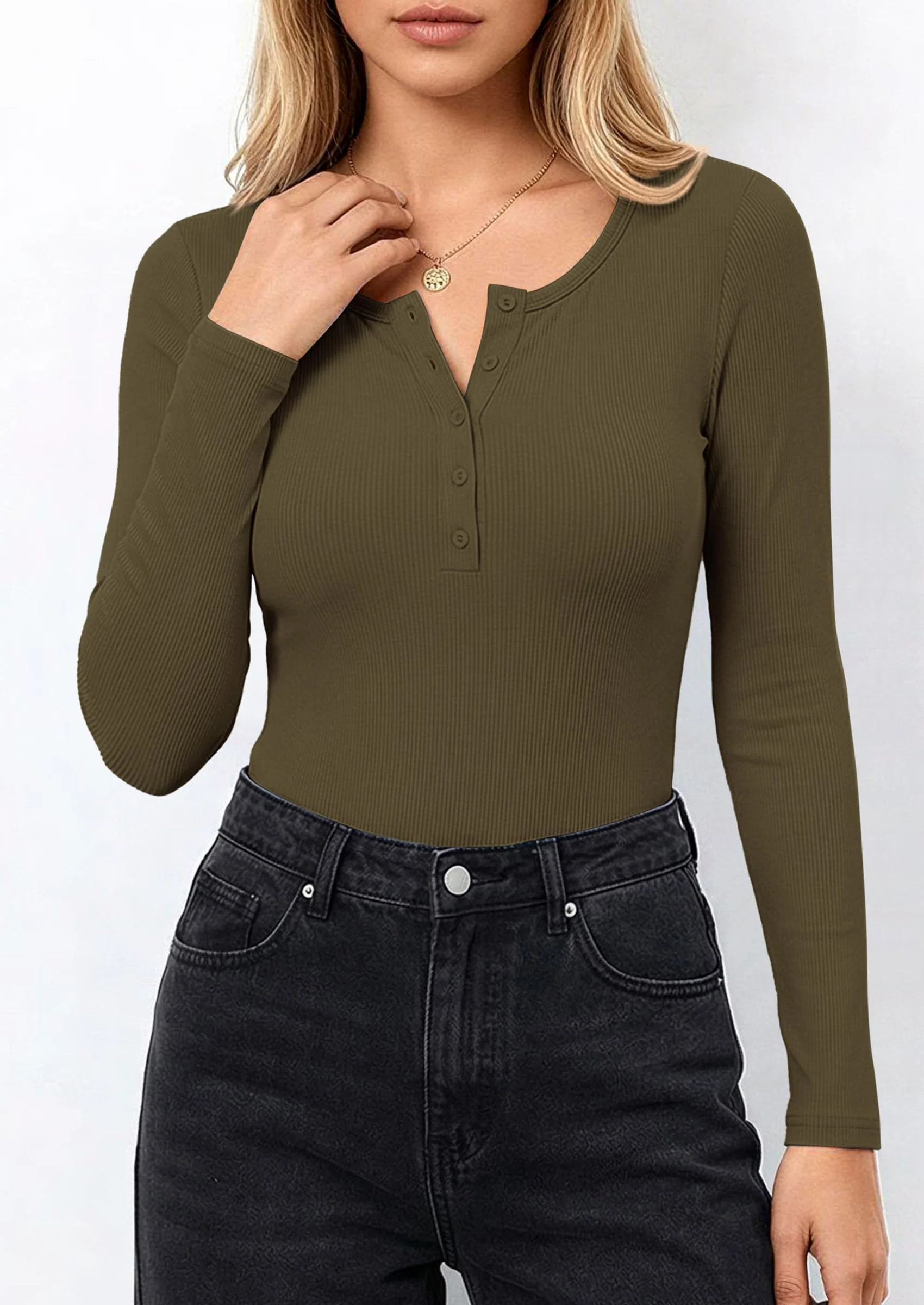 PRETTYGARDEN Long Sleeve Bodysuits for Women Ribbed Knit Henley Button Up Slim Fitted Basic Tops Winter Fashion Clothing - Image 6