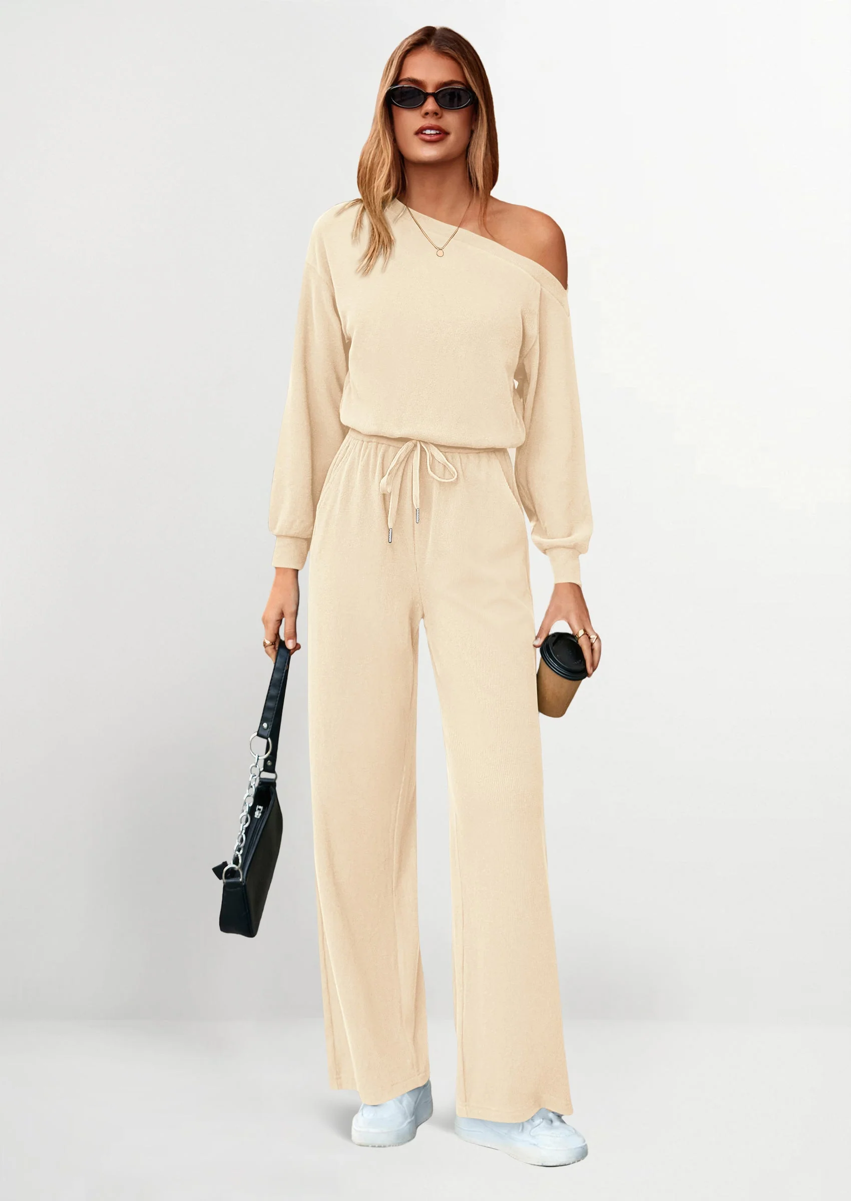 PRETTYGARDEN Long Sleeve Jumpsuit For Women Dressy Off Shoulder One Piece Loose Wide Leg Jumpsuits Casual Flowy Romper - Image 10