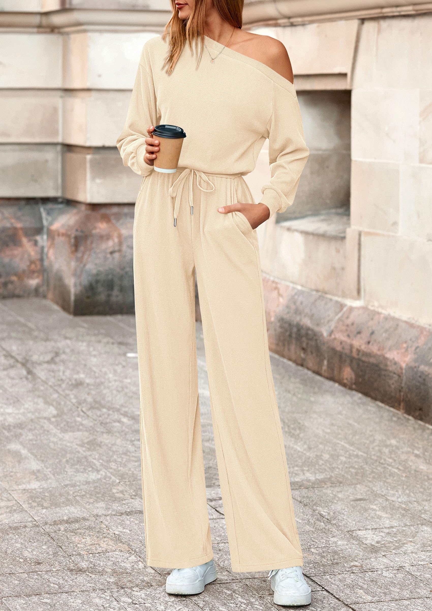 PRETTYGARDEN Long Sleeve Jumpsuit For Women Dressy Off Shoulder One Piece Loose Wide Leg Jumpsuits Casual Flowy Romper - Image 12