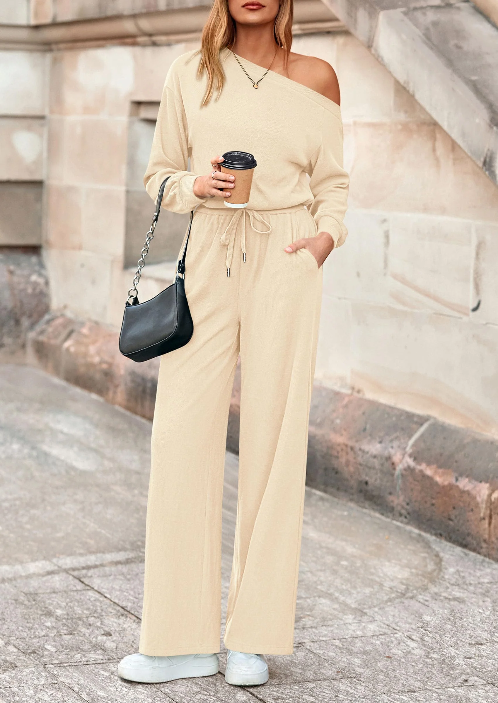 PRETTYGARDEN Long Sleeve Jumpsuit For Women Dressy Off Shoulder One Piece Loose Wide Leg Jumpsuits Casual Flowy Romper - Image 13