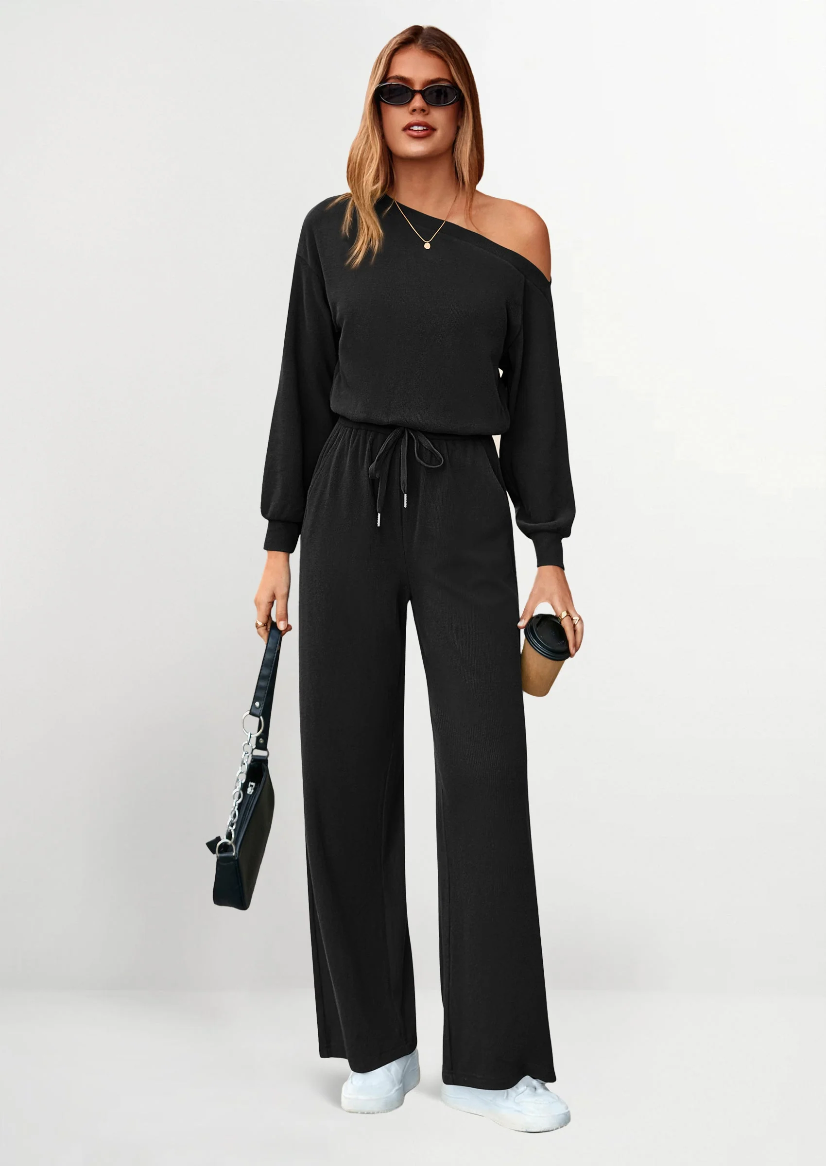 PRETTYGARDEN Long Sleeve Jumpsuit For Women Dressy Off Shoulder One Piece Loose Wide Leg Jumpsuits Casual Flowy Romper - Image 18