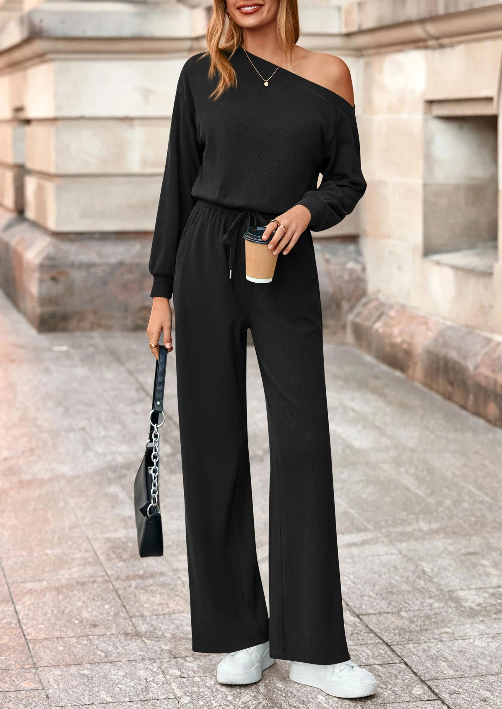 PRETTYGARDEN Long Sleeve Jumpsuit For Women Dressy Off Shoulder One Piece Loose Wide Leg Jumpsuits Casual Flowy Romper - Image 19
