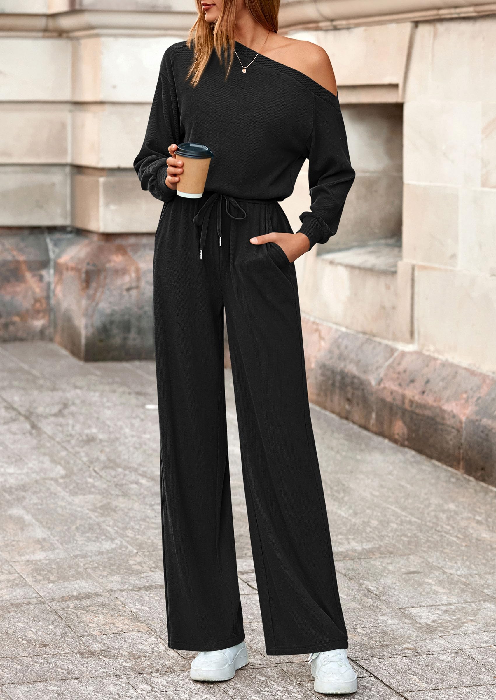 PRETTYGARDEN Long Sleeve Jumpsuit For Women Dressy Off Shoulder One Piece Loose Wide Leg Jumpsuits Casual Flowy Romper - Image 20