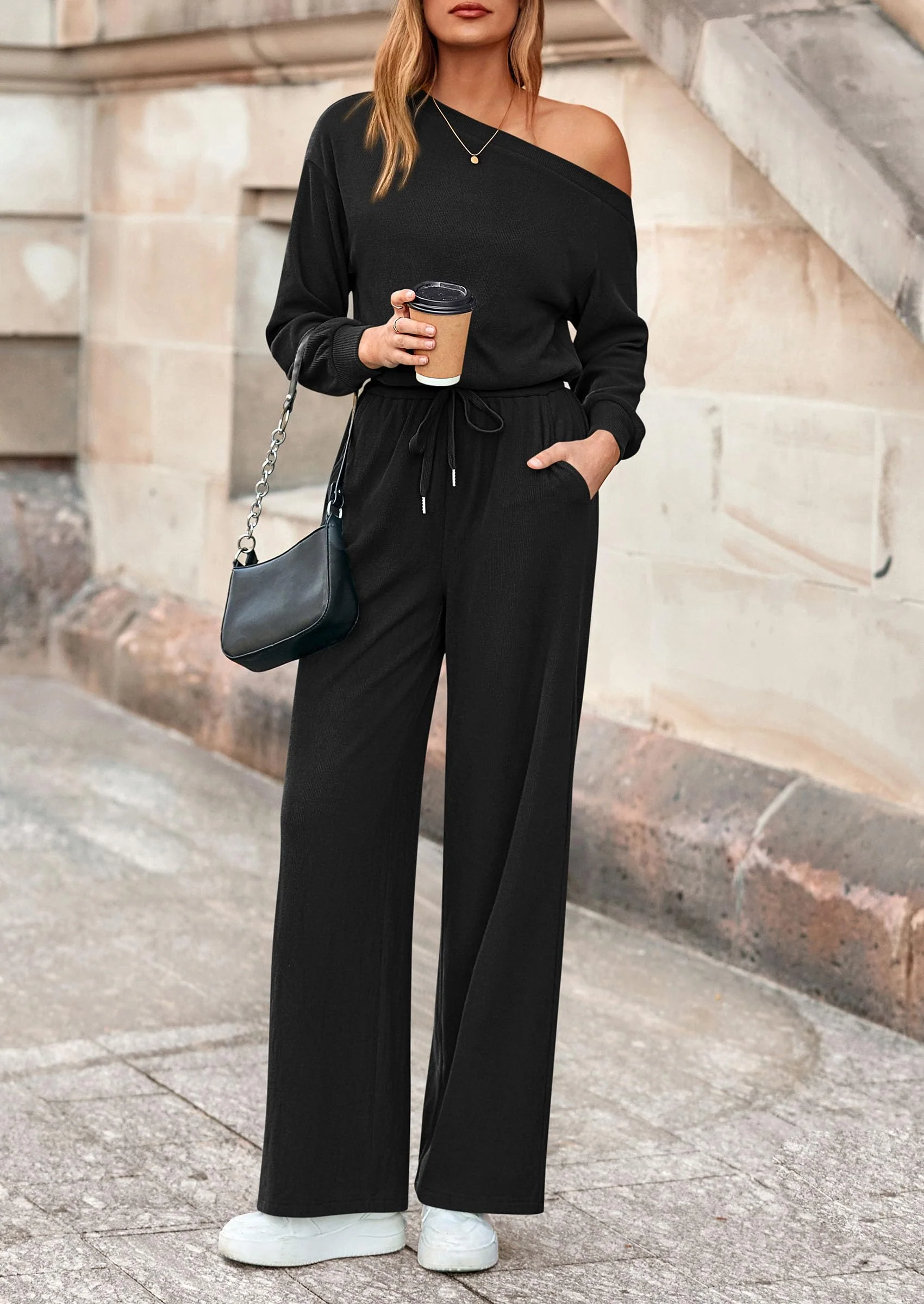 PRETTYGARDEN Long Sleeve Jumpsuit For Women Dressy Off Shoulder One Piece Loose Wide Leg Jumpsuits Casual Flowy Romper - Image 21