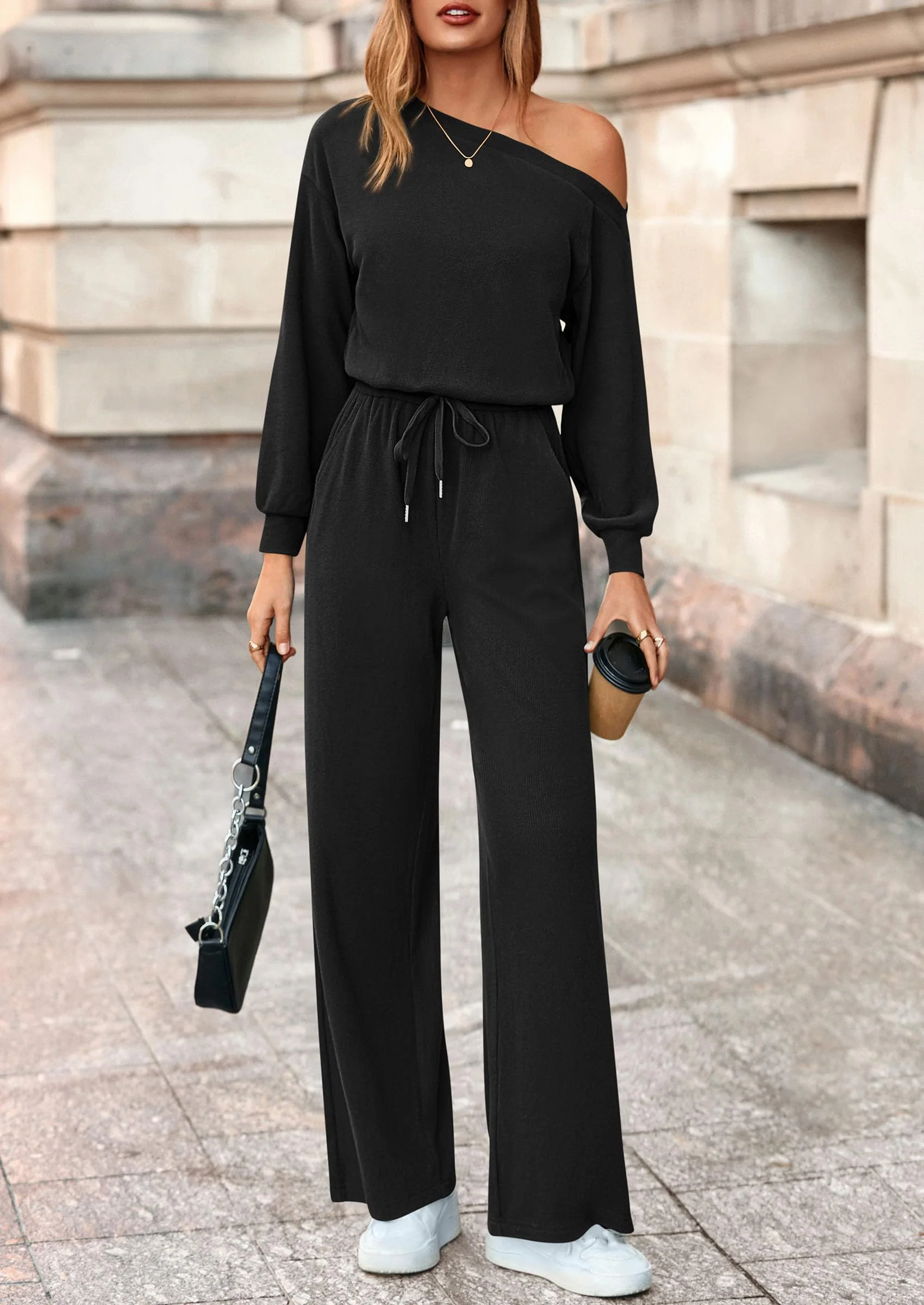 PRETTYGARDEN Long Sleeve Jumpsuit For Women Dressy Off Shoulder One Piece Loose Wide Leg Jumpsuits Casual Flowy Romper - Image 22