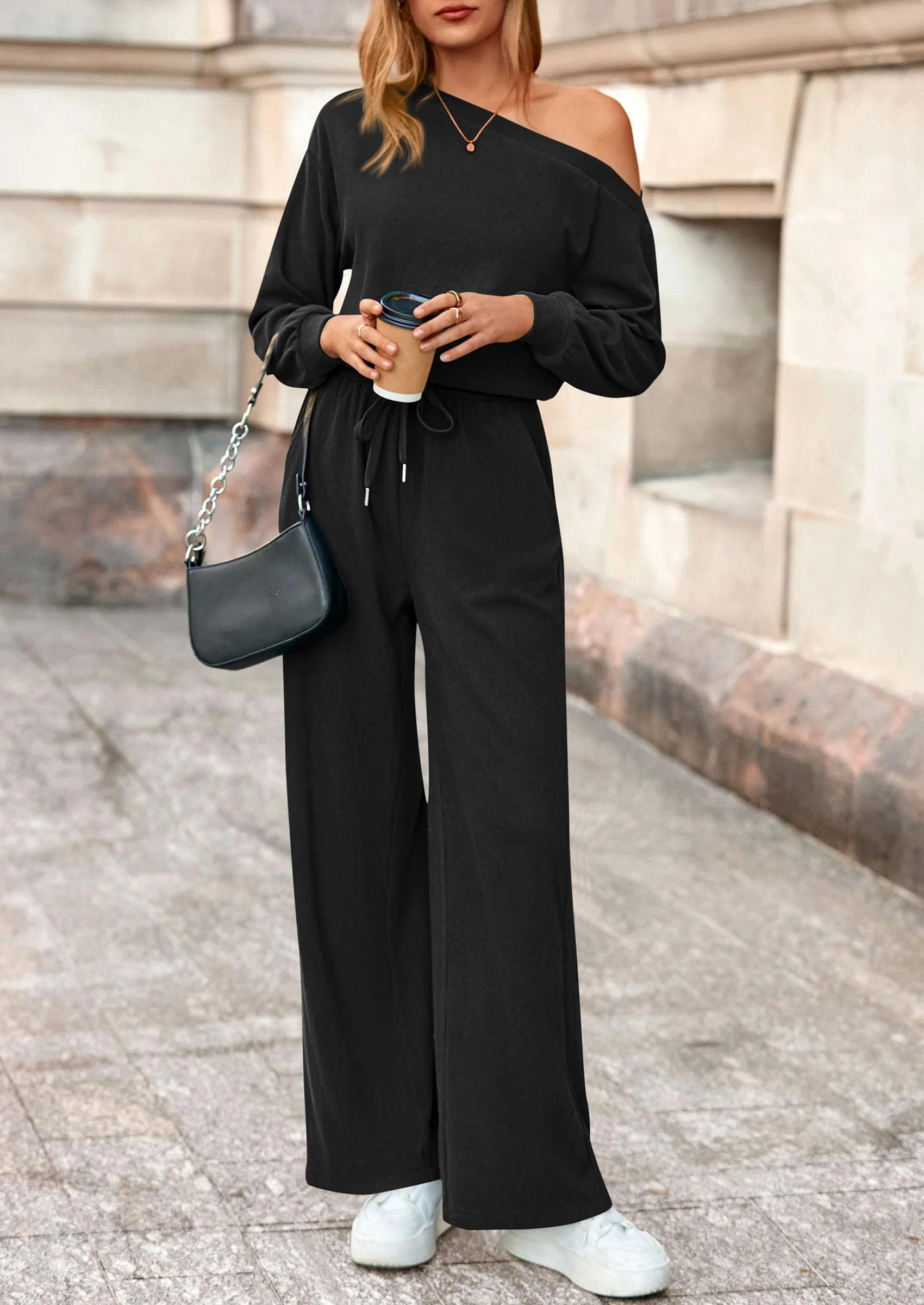 PRETTYGARDEN Long Sleeve Jumpsuit For Women Dressy Off Shoulder One Piece Loose Wide Leg Jumpsuits Casual Flowy Romper - Image 23