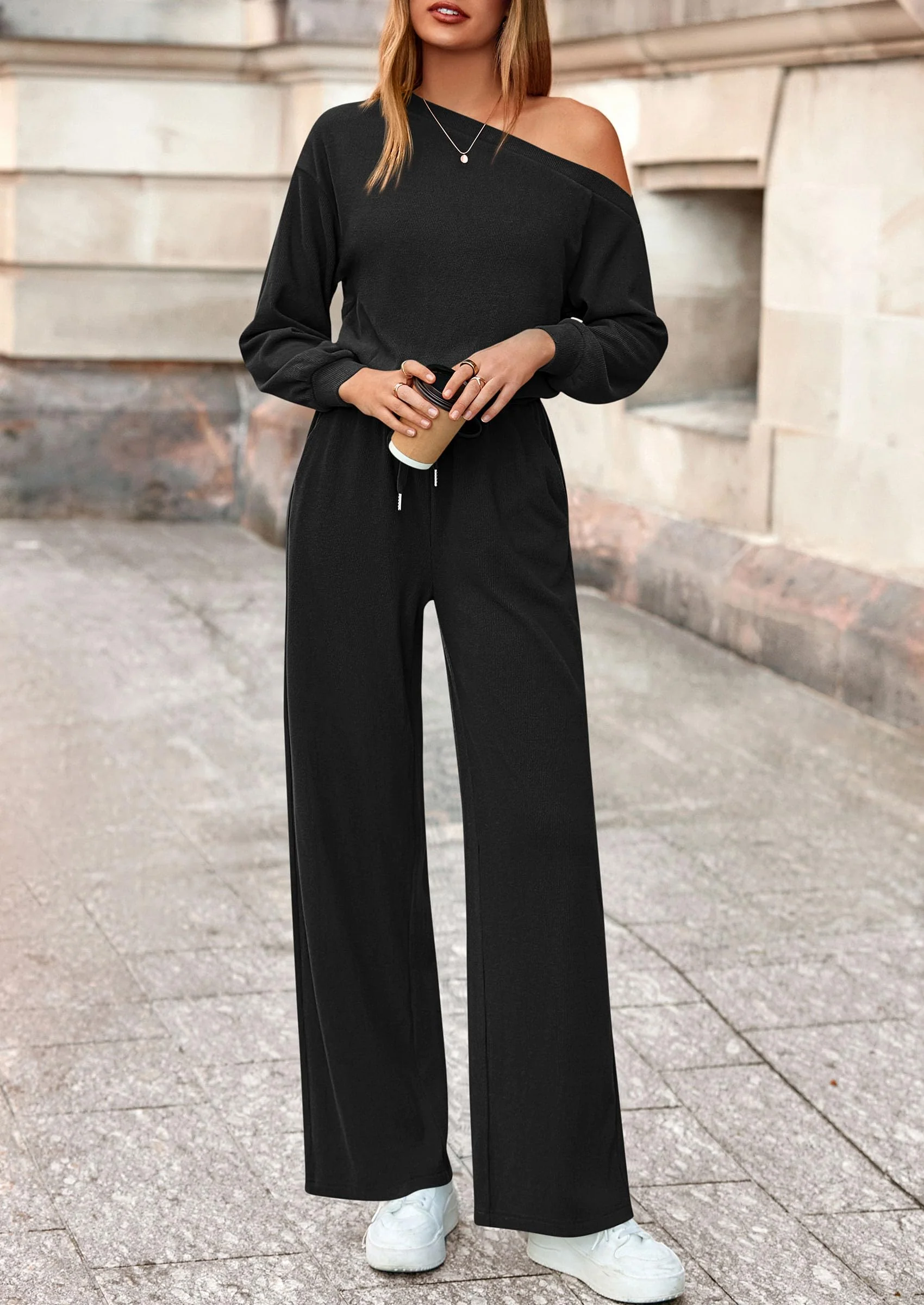PRETTYGARDEN Long Sleeve Jumpsuit For Women Dressy Off Shoulder One Piece Loose Wide Leg Jumpsuits Casual Flowy Romper - Image 25