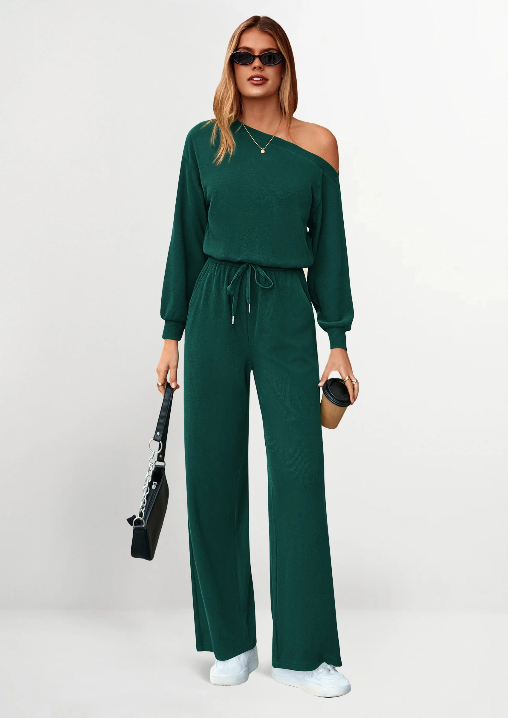 PRETTYGARDEN Long Sleeve Jumpsuit For Women Dressy Off Shoulder One Piece Loose Wide Leg Jumpsuits Casual Flowy Romper - Image 26