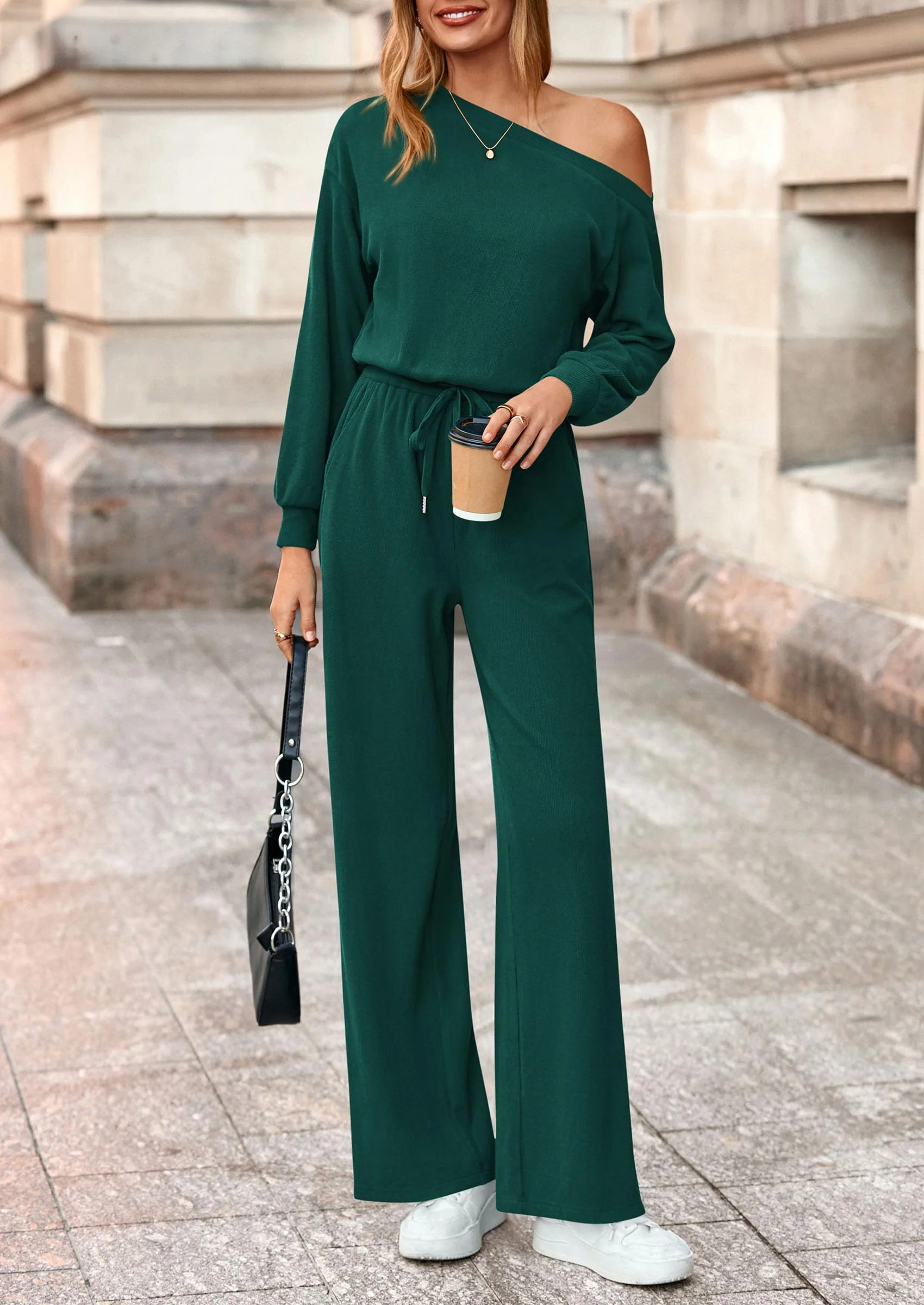 PRETTYGARDEN Long Sleeve Jumpsuit For Women Dressy Off Shoulder One Piece Loose Wide Leg Jumpsuits Casual Flowy Romper - Image 27
