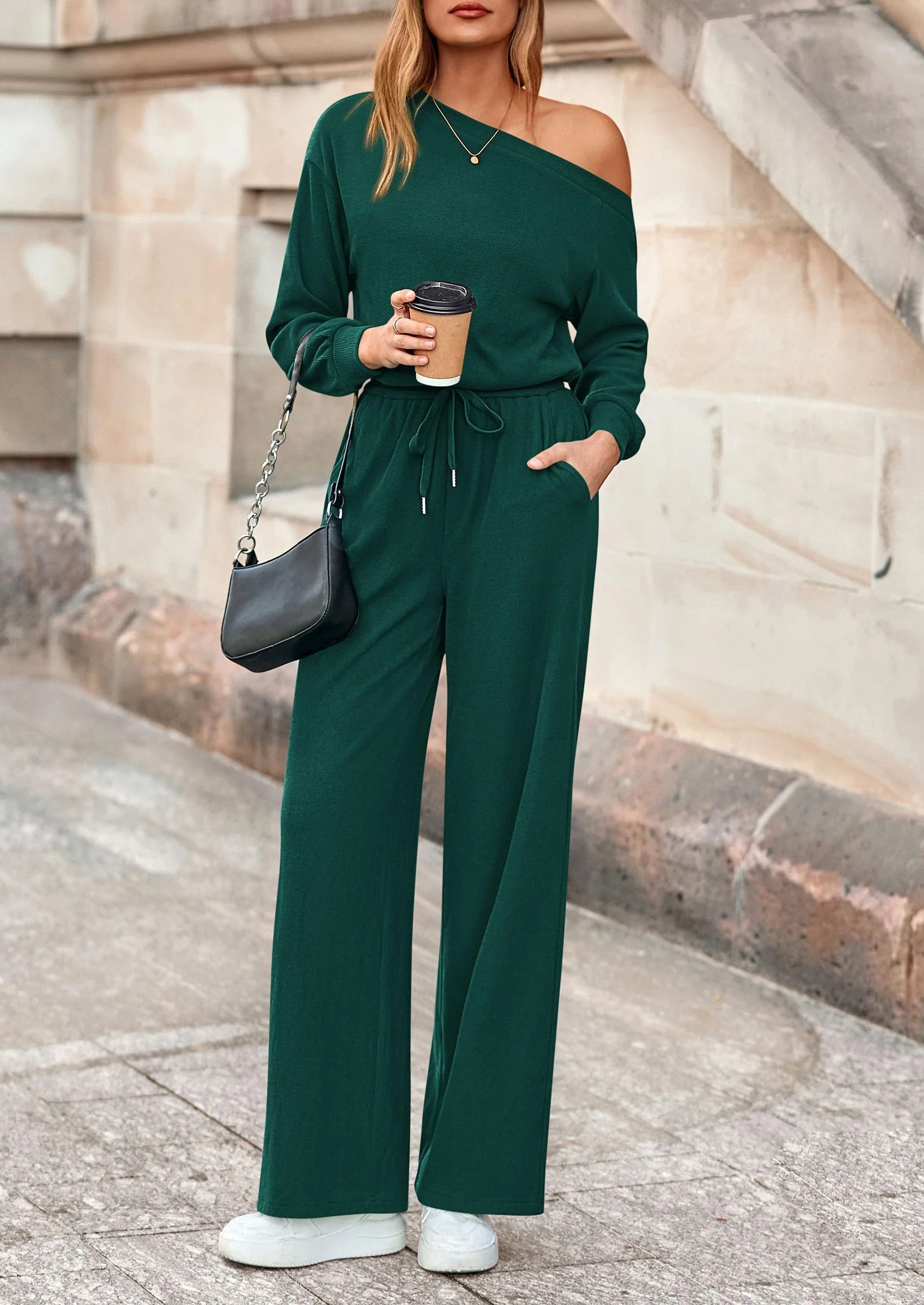 PRETTYGARDEN Long Sleeve Jumpsuit For Women Dressy Off Shoulder One Piece Loose Wide Leg Jumpsuits Casual Flowy Romper - Image 29