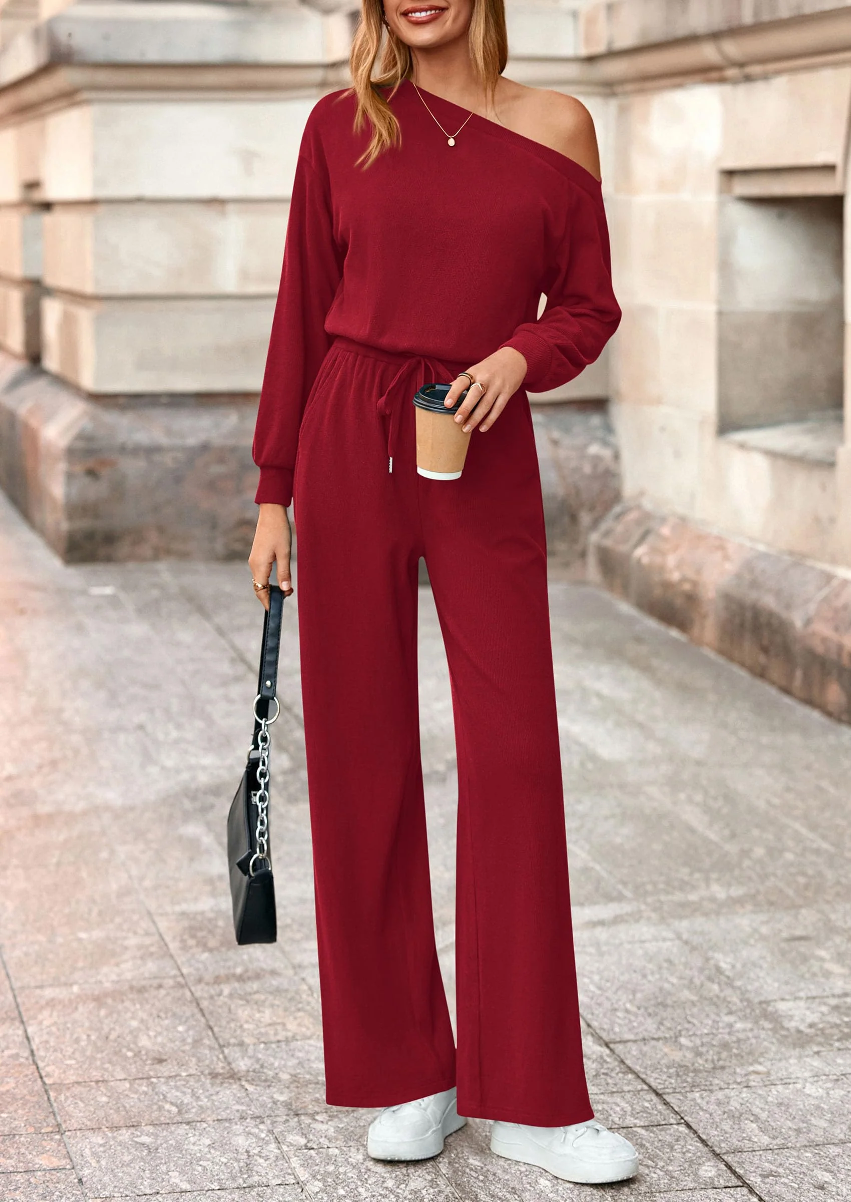 PRETTYGARDEN Long Sleeve Jumpsuit For Women Dressy Off Shoulder One Piece Loose Wide Leg Jumpsuits Casual Flowy Romper - Image 3