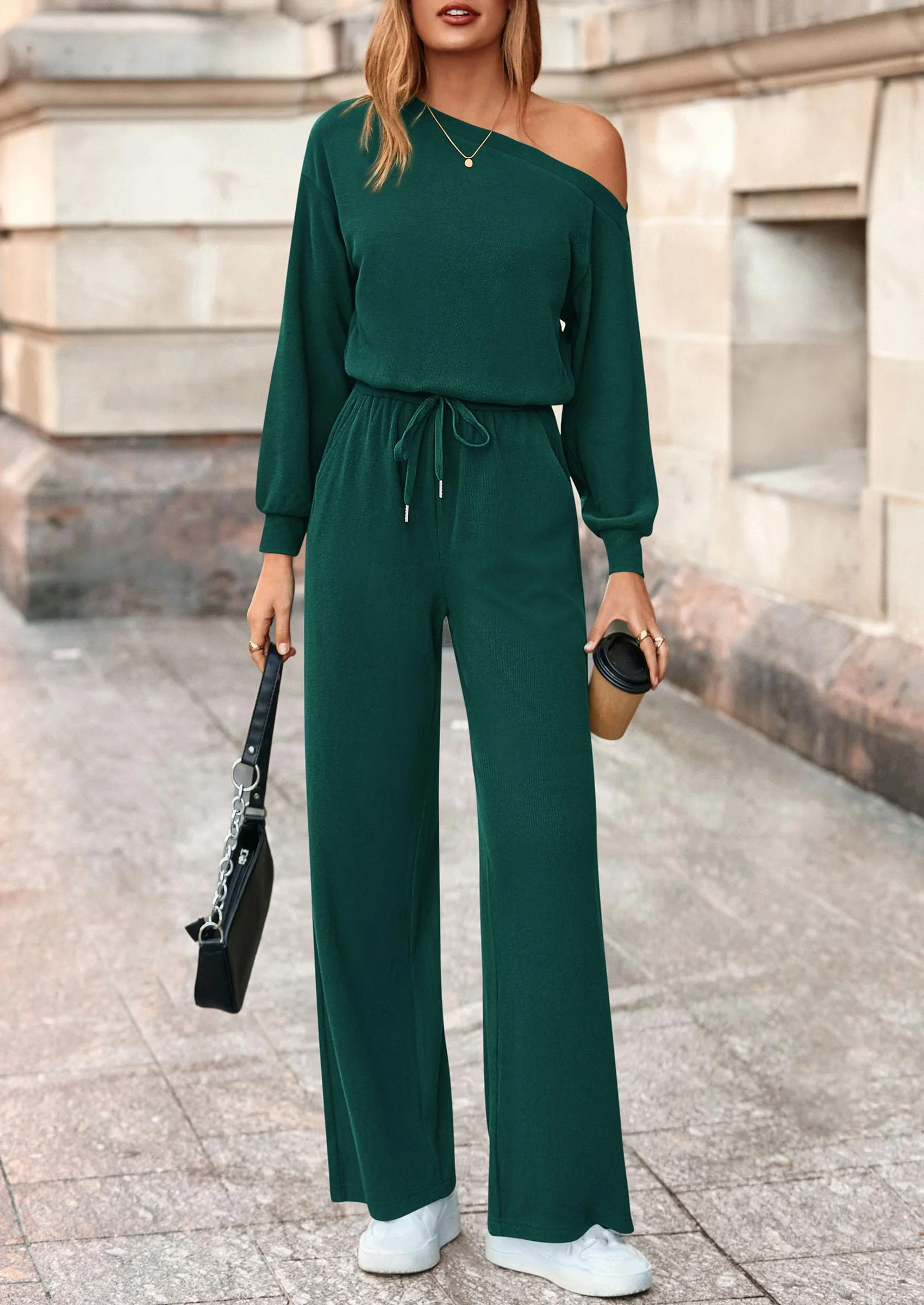 PRETTYGARDEN Long Sleeve Jumpsuit For Women Dressy Off Shoulder One Piece Loose Wide Leg Jumpsuits Casual Flowy Romper - Image 30