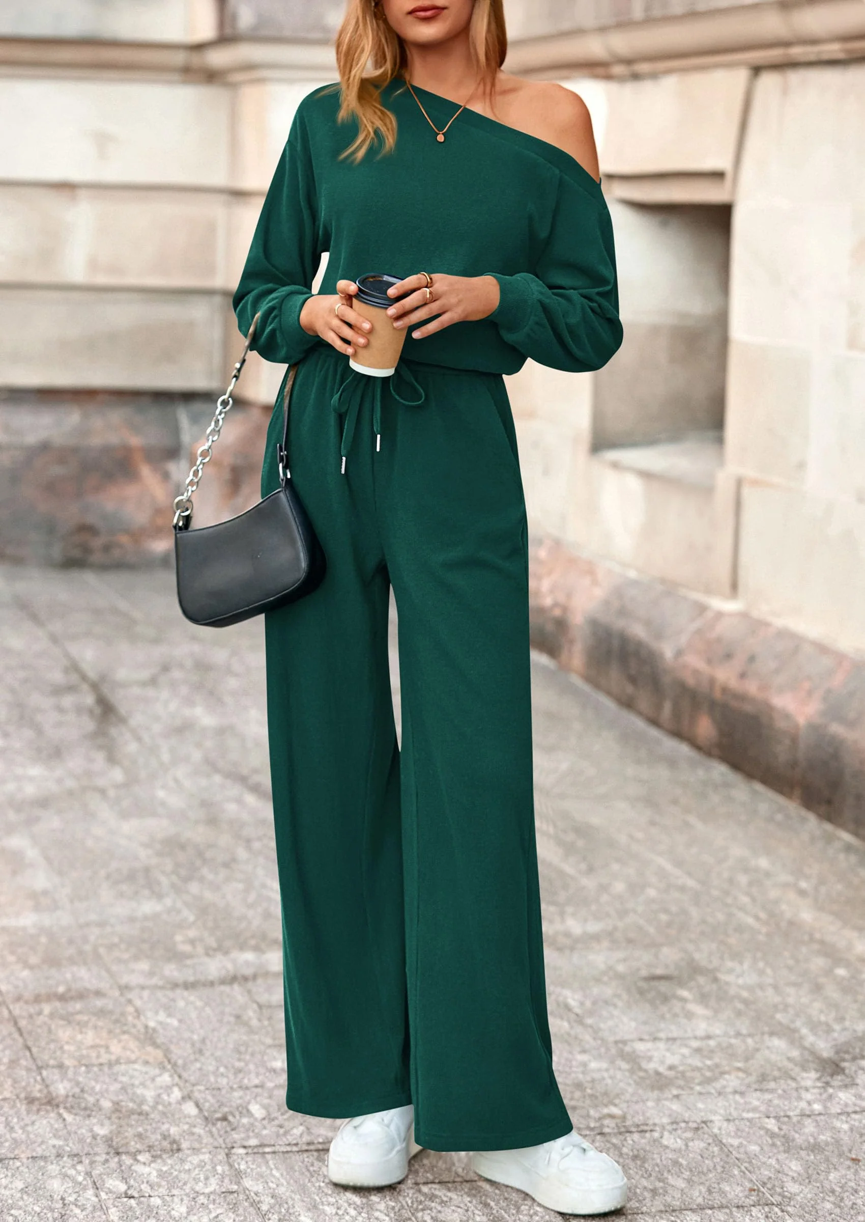 PRETTYGARDEN Long Sleeve Jumpsuit For Women Dressy Off Shoulder One Piece Loose Wide Leg Jumpsuits Casual Flowy Romper - Image 31