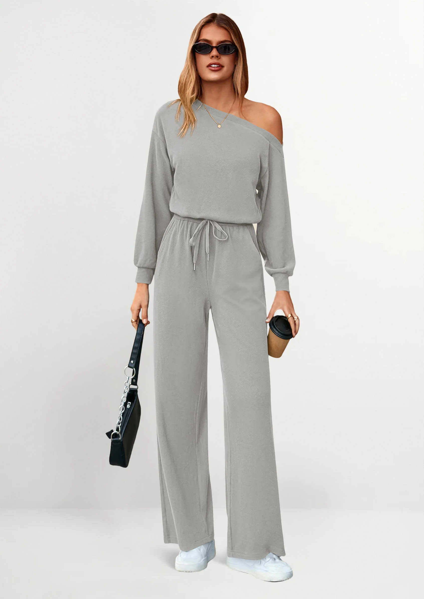 PRETTYGARDEN Long Sleeve Jumpsuit For Women Dressy Off Shoulder One Piece Loose Wide Leg Jumpsuits Casual Flowy Romper - Image 34