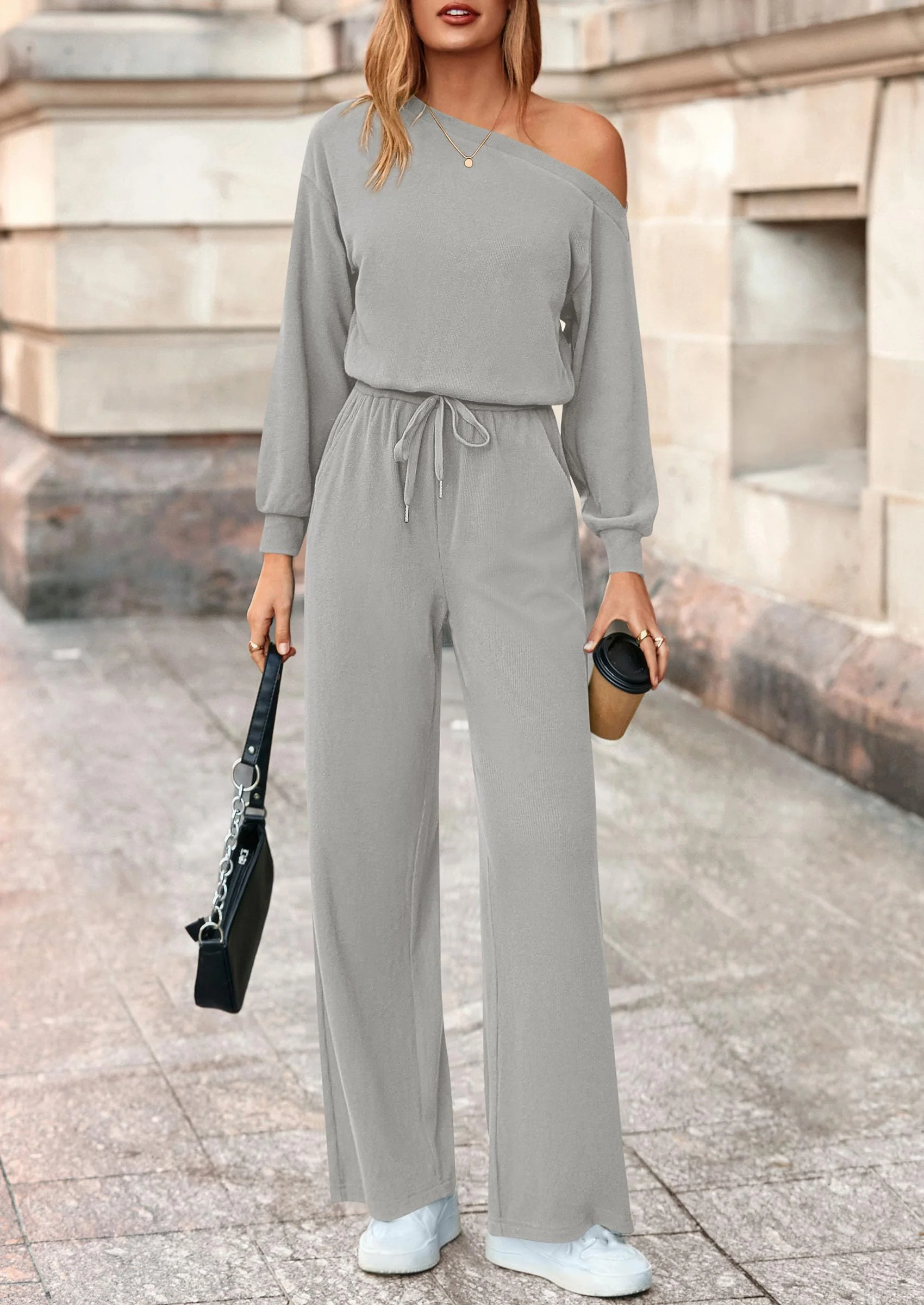 PRETTYGARDEN Long Sleeve Jumpsuit For Women Dressy Off Shoulder One Piece Loose Wide Leg Jumpsuits Casual Flowy Romper - Image 36