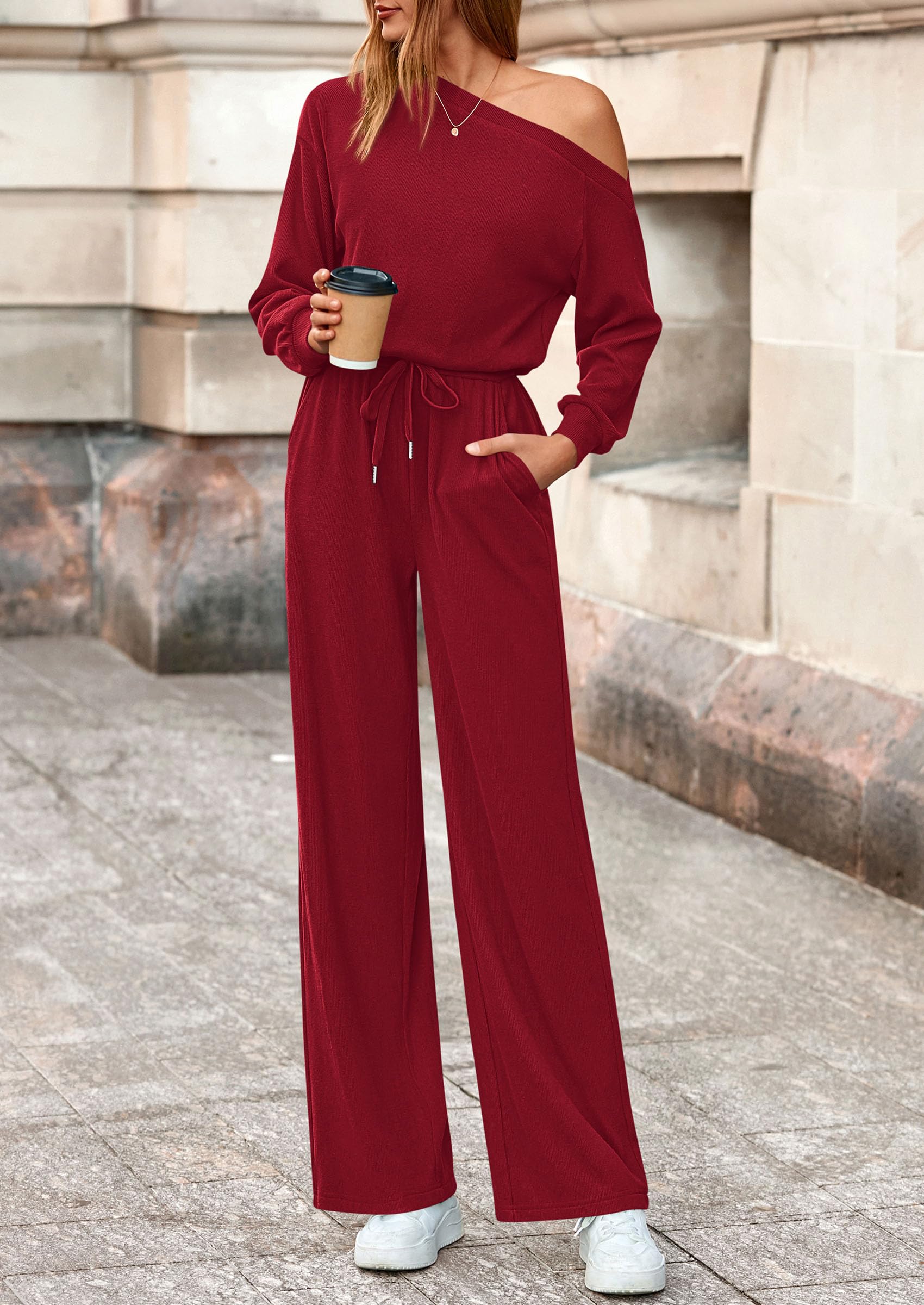 PRETTYGARDEN Long Sleeve Jumpsuit For Women Dressy Off Shoulder One Piece Loose Wide Leg Jumpsuits Casual Flowy Romper - Image 4