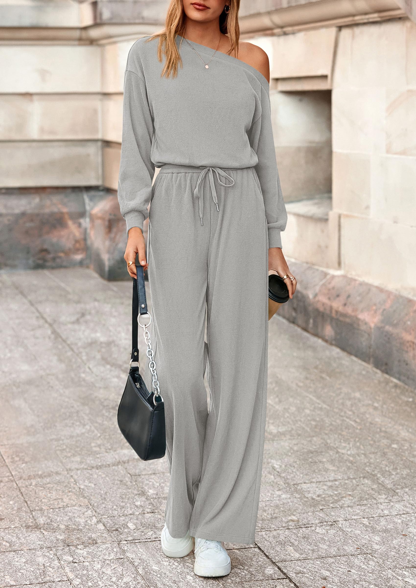 PRETTYGARDEN Long Sleeve Jumpsuit For Women Dressy Off Shoulder One Piece Loose Wide Leg Jumpsuits Casual Flowy Romper - Image 40