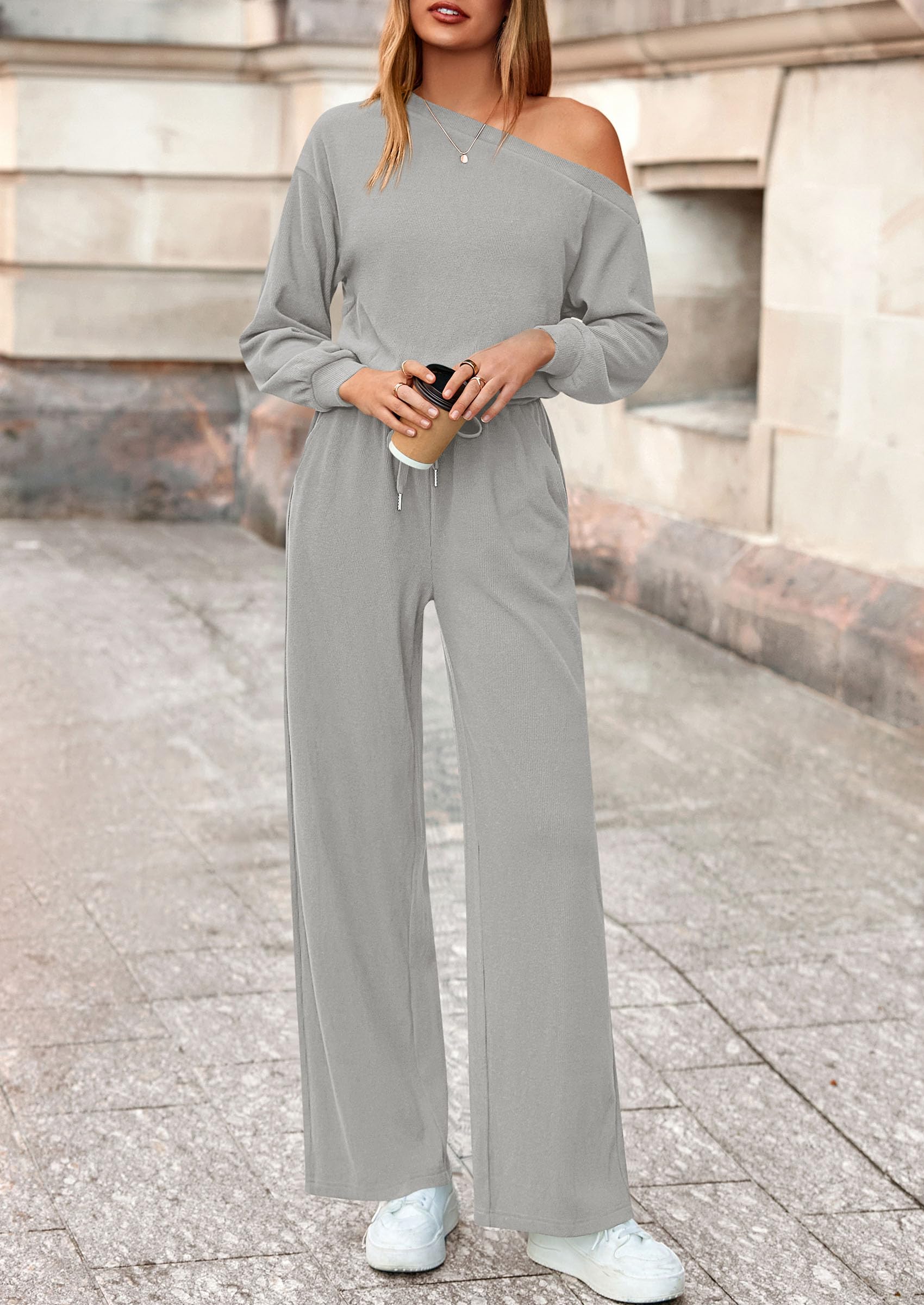 PRETTYGARDEN Long Sleeve Jumpsuit For Women Dressy Off Shoulder One Piece Loose Wide Leg Jumpsuits Casual Flowy Romper - Image 41