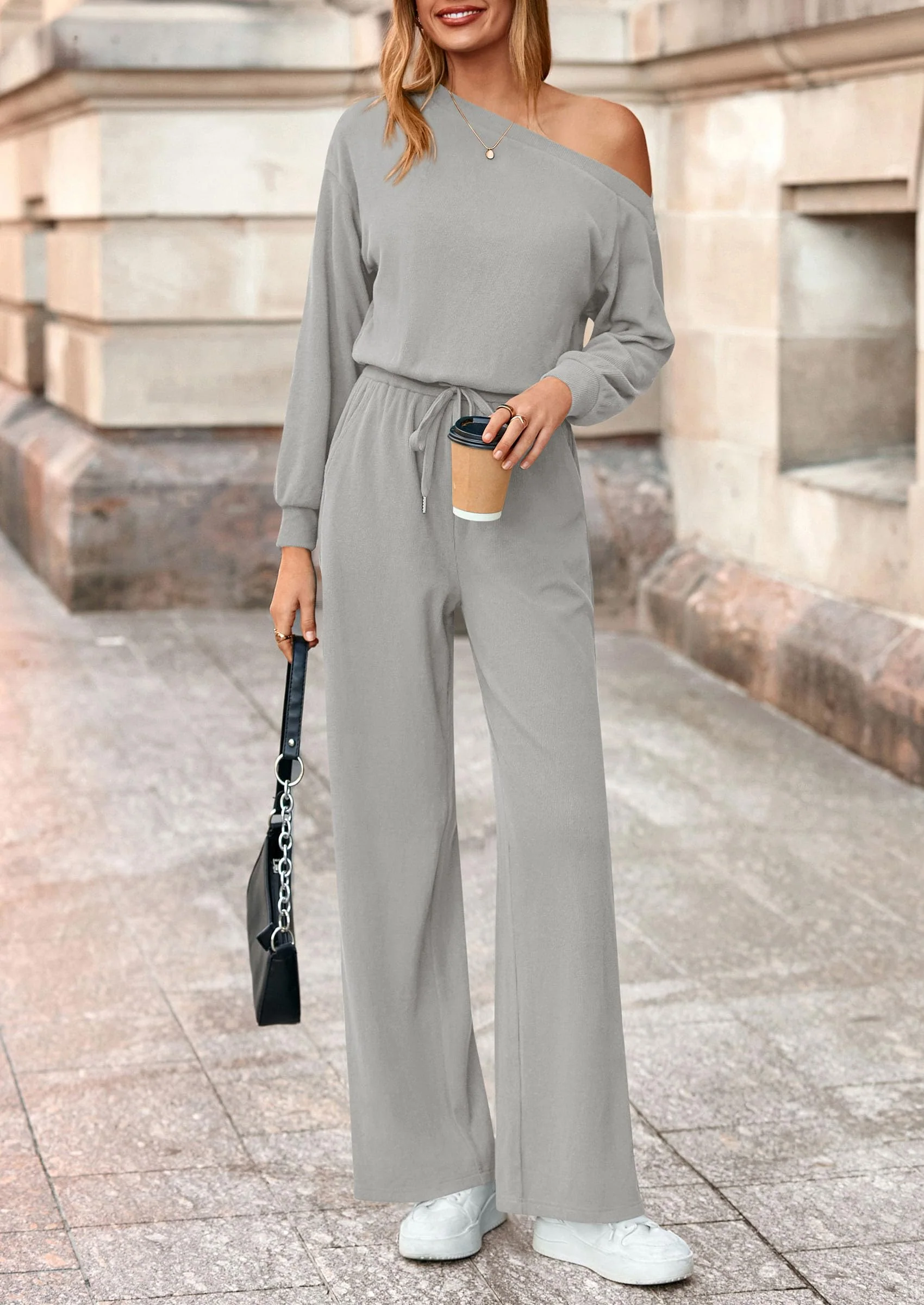 PRETTYGARDEN Long Sleeve Jumpsuit For Women Dressy Off Shoulder One Piece Loose Wide Leg Jumpsuits Casual Flowy Romper - Image 42