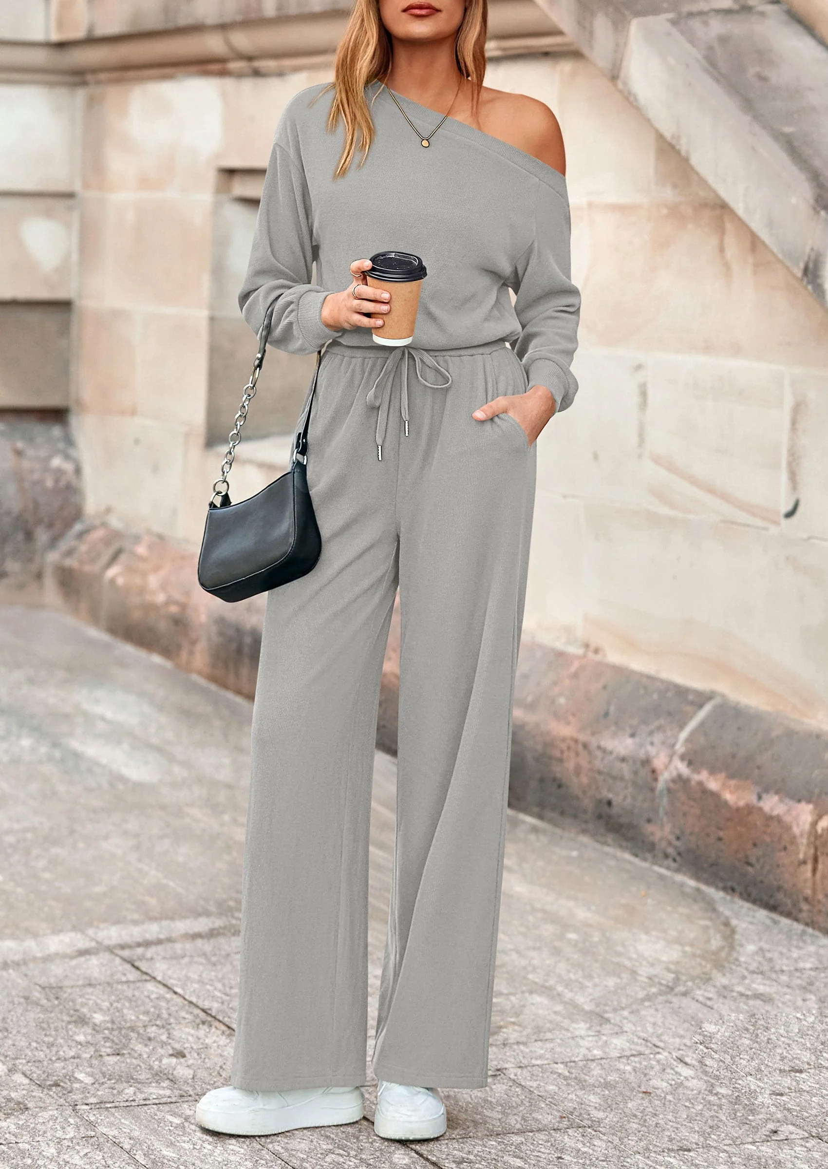 PRETTYGARDEN Long Sleeve Jumpsuit For Women Dressy Off Shoulder One Piece Loose Wide Leg Jumpsuits Casual Flowy Romper - Image 44