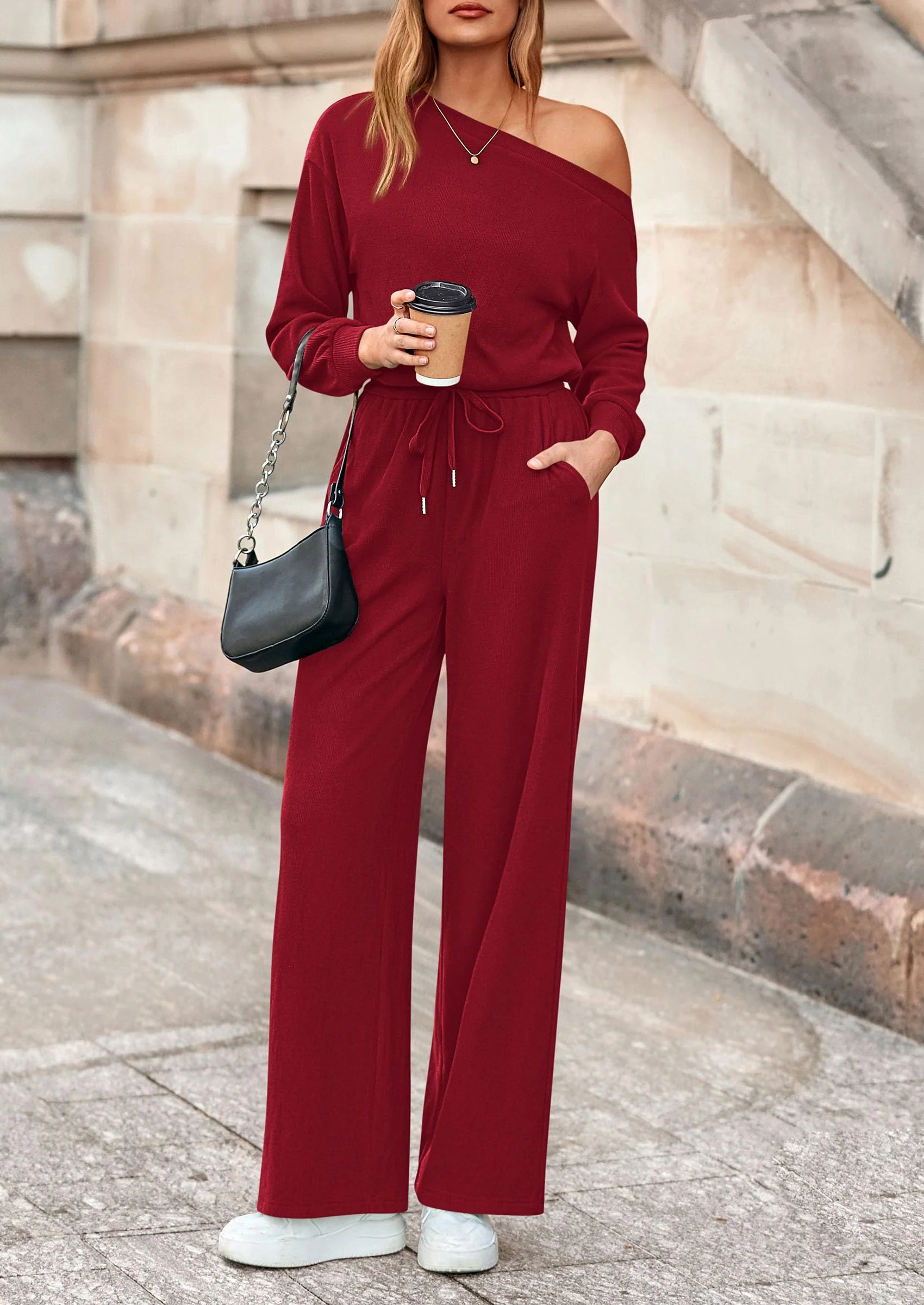 PRETTYGARDEN Long Sleeve Jumpsuit For Women Dressy Off Shoulder One Piece Loose Wide Leg Jumpsuits Casual Flowy Romper - Image 5