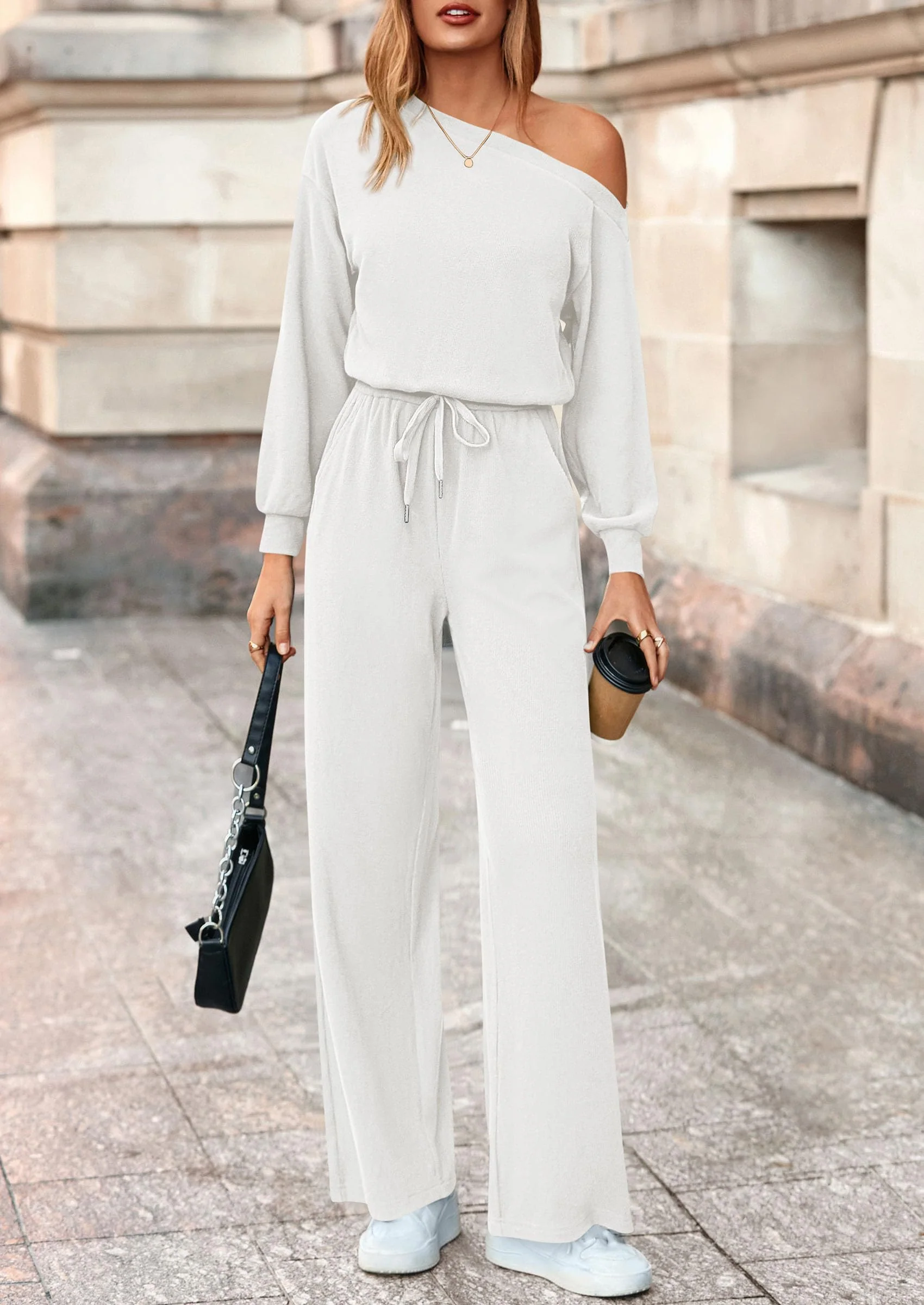 PRETTYGARDEN Long Sleeve Jumpsuit For Women Dressy Off Shoulder One Piece Loose Wide Leg Jumpsuits Casual Flowy Romper - Image 53