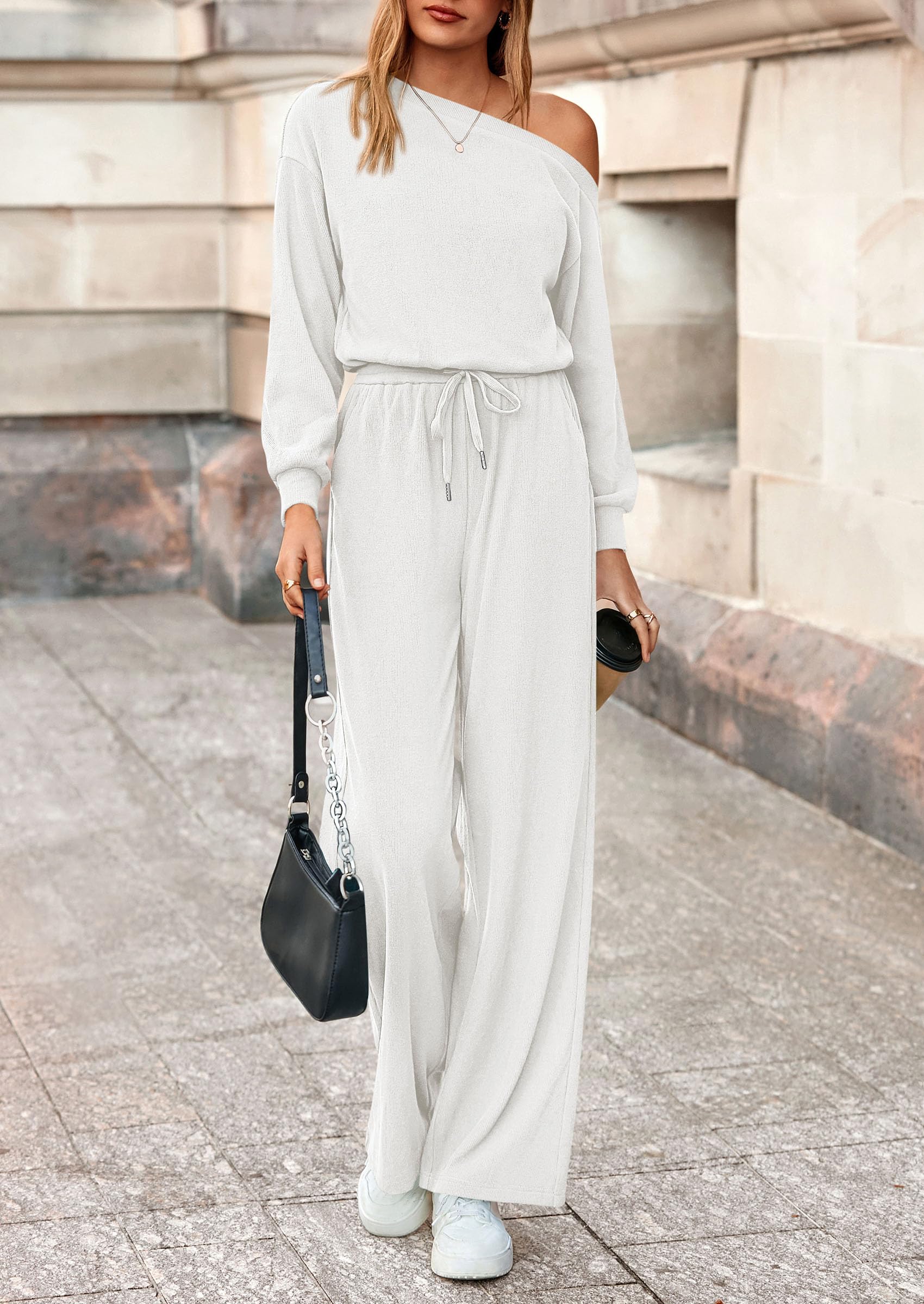 PRETTYGARDEN Long Sleeve Jumpsuit For Women Dressy Off Shoulder One Piece Loose Wide Leg Jumpsuits Casual Flowy Romper - Image 56