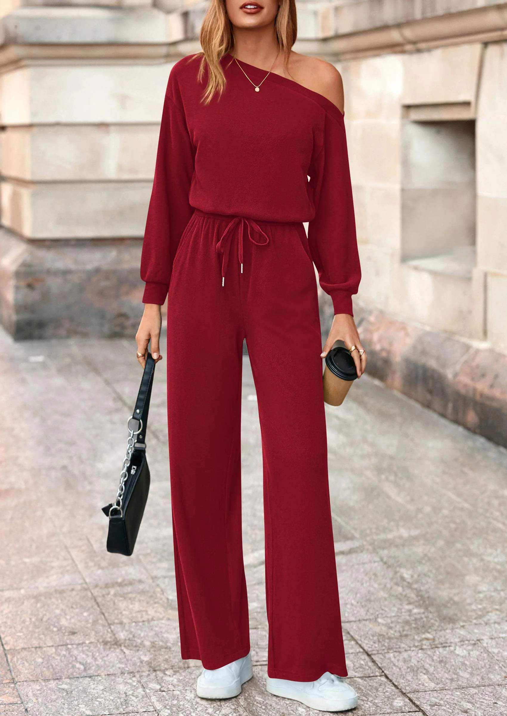 PRETTYGARDEN Long Sleeve Jumpsuit For Women Dressy Off Shoulder One Piece Loose Wide Leg Jumpsuits Casual Flowy Romper - Image 6